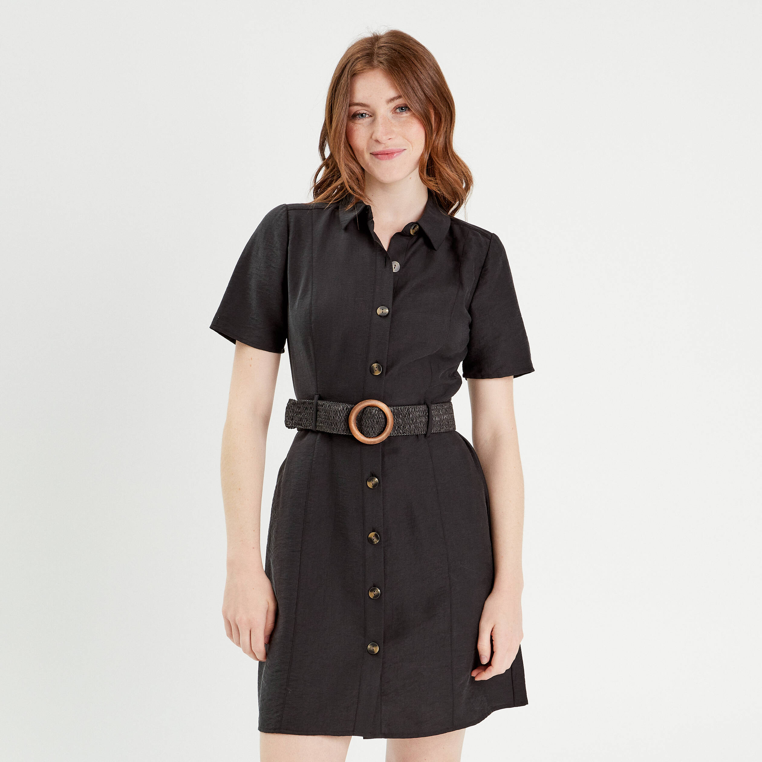Robe trap&egrave;ze ceintur&eacute;e noir femme