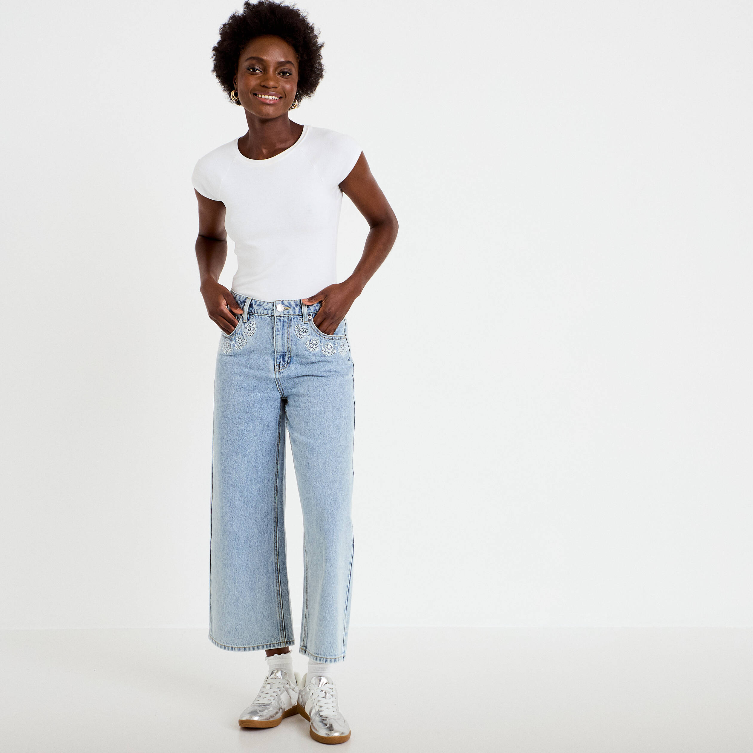 Jean wide leg cropped taille standard denim bleach femme