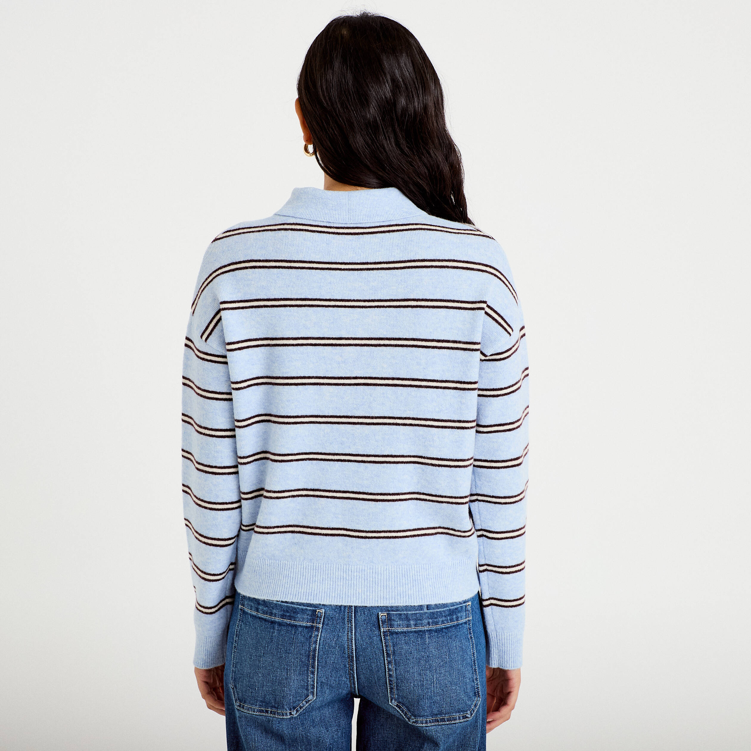 Polo manches longues col chemise bleu ciel femme