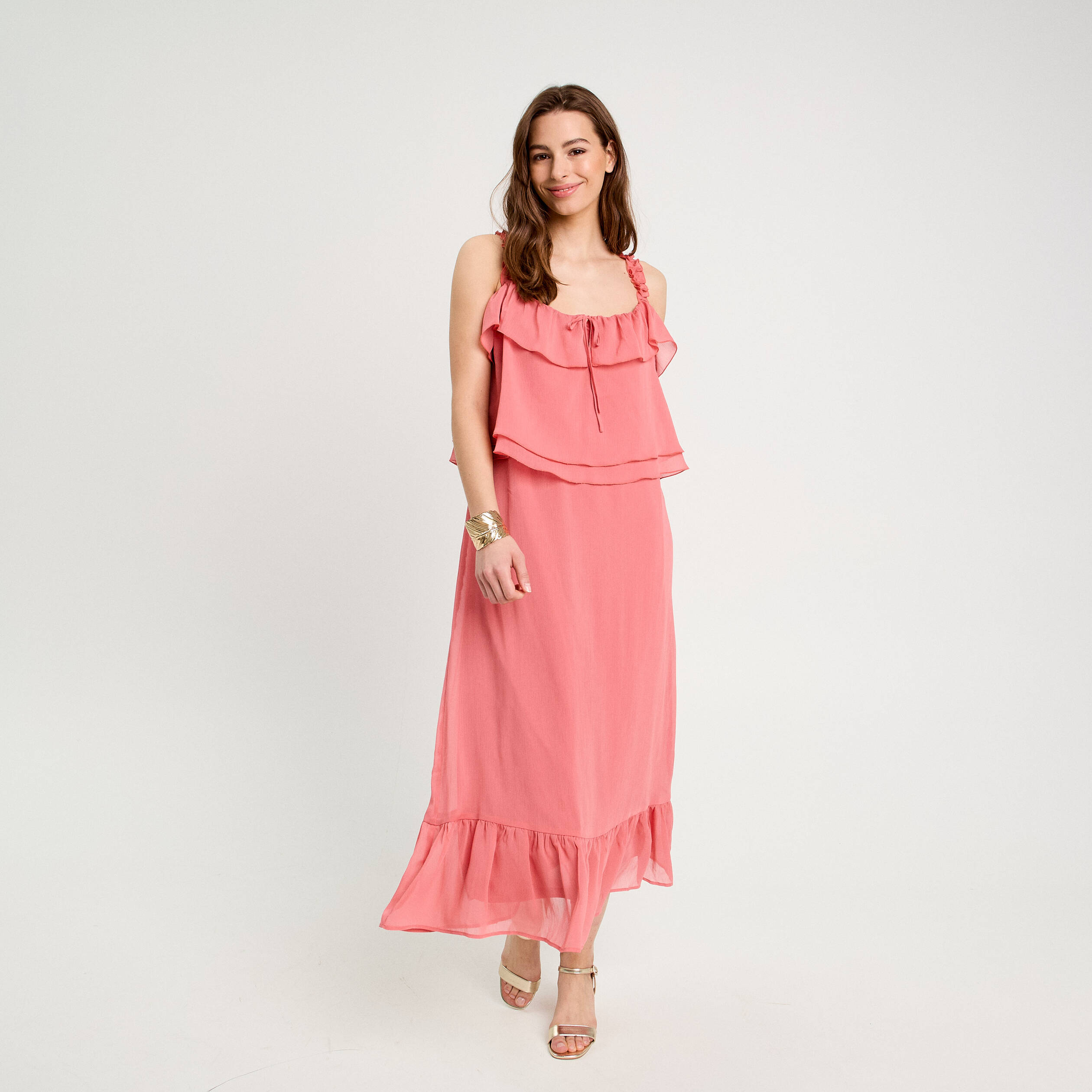 Robe longue droite volants rose pastel femme Vibs