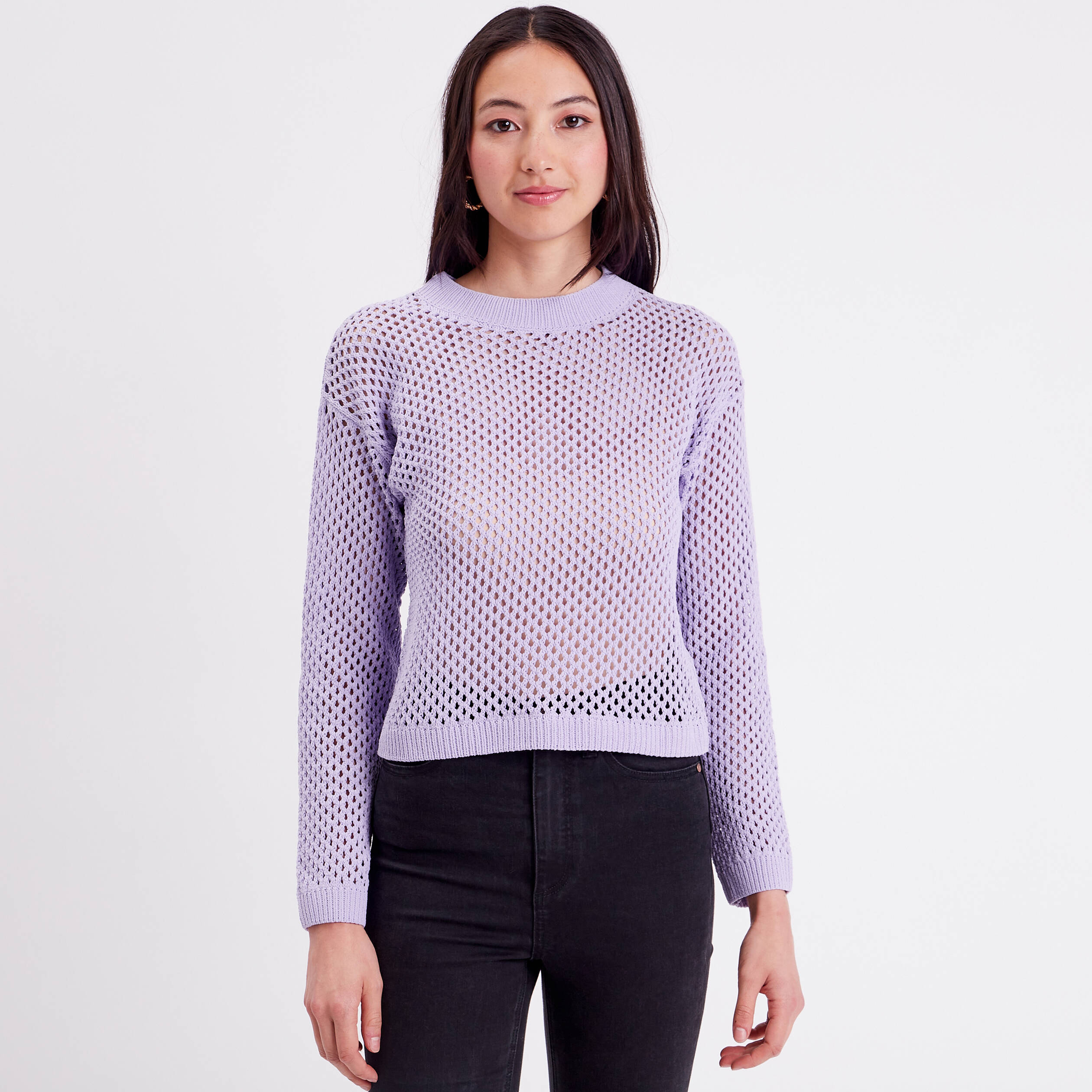 pull ajoure col rond parme femme Pull ajouré col rond parme femme