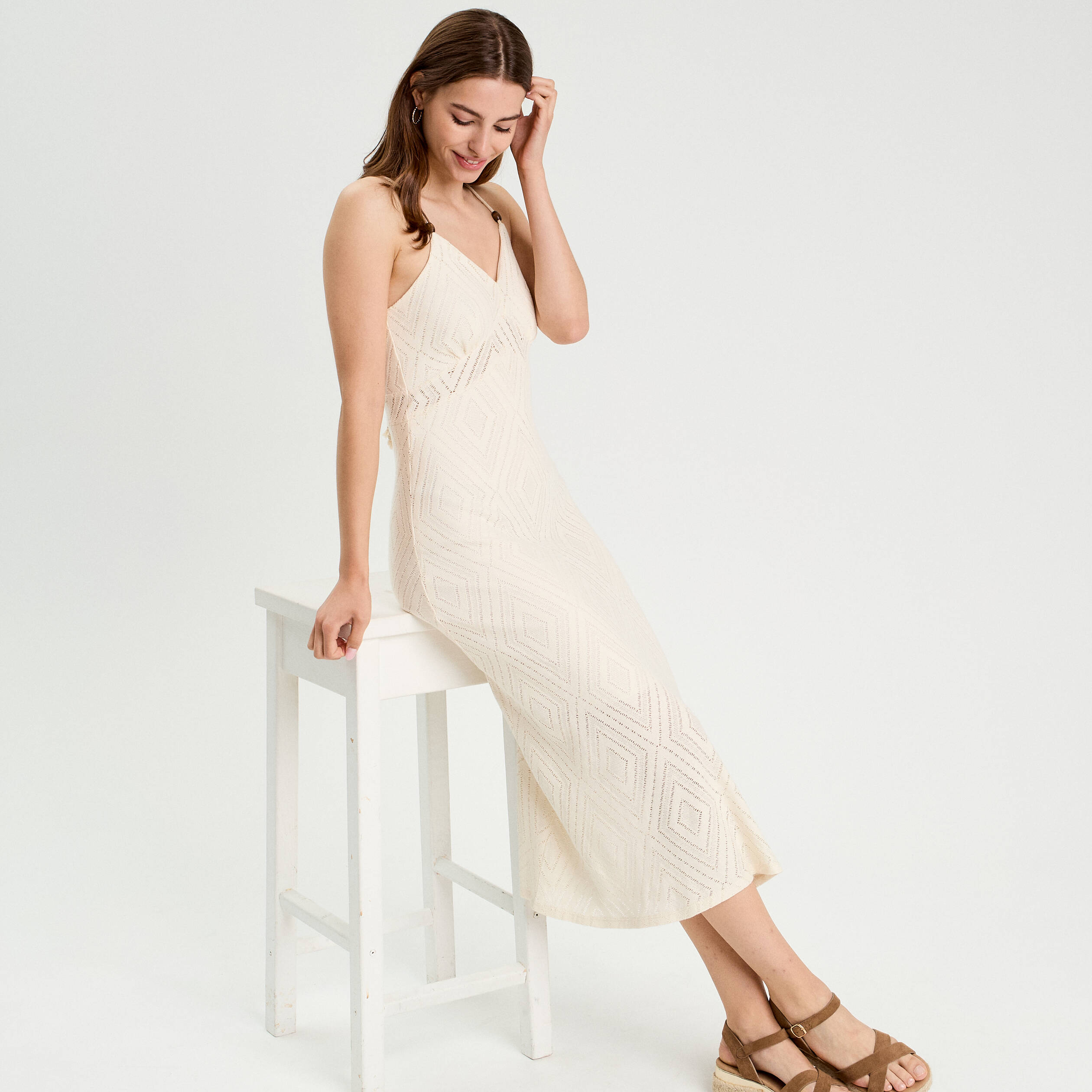robe longue evasee ajouree ecru femme Robe longue évasée ajourée ecru femme