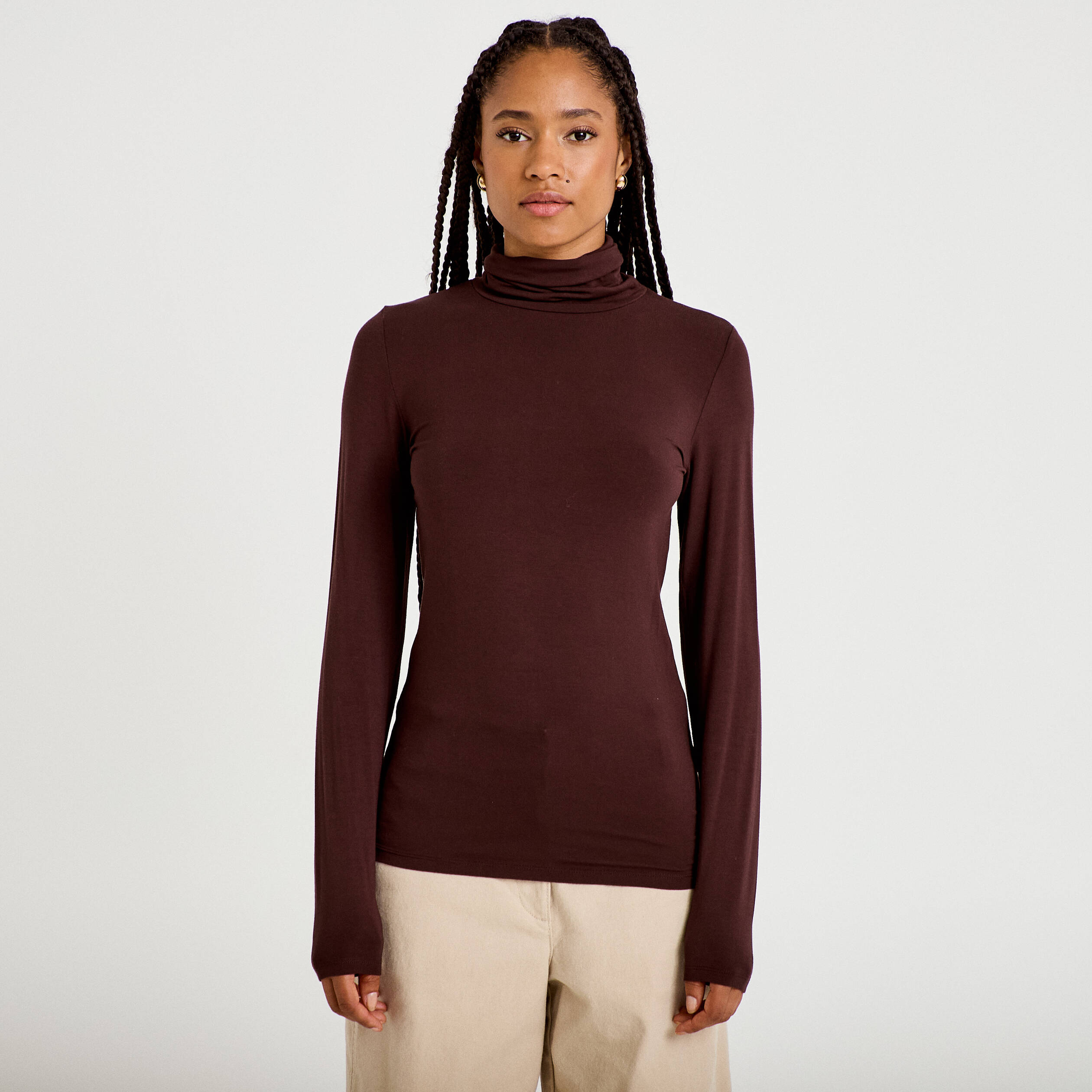 T-shirt uni &agrave; manches longues marron fonc&eacute; femme