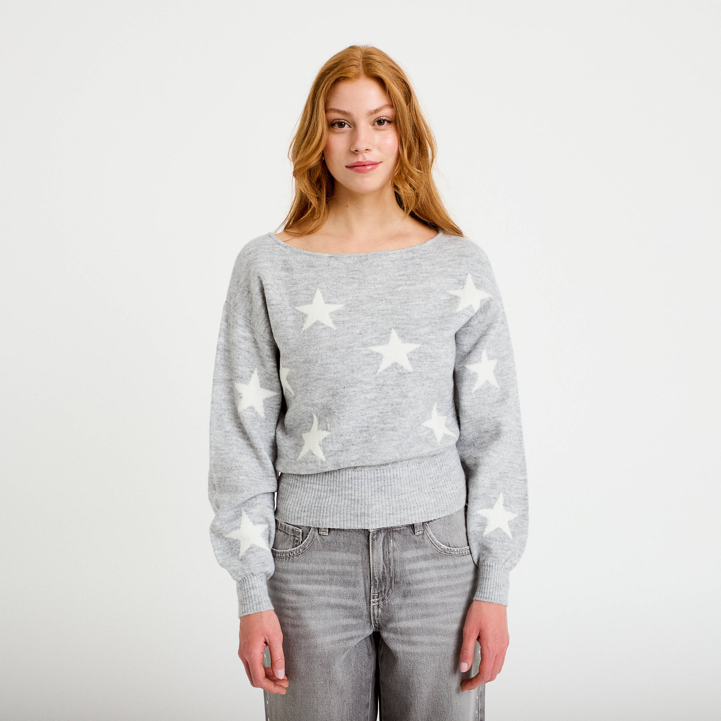 Pull col bateau manches longues gris clair femme