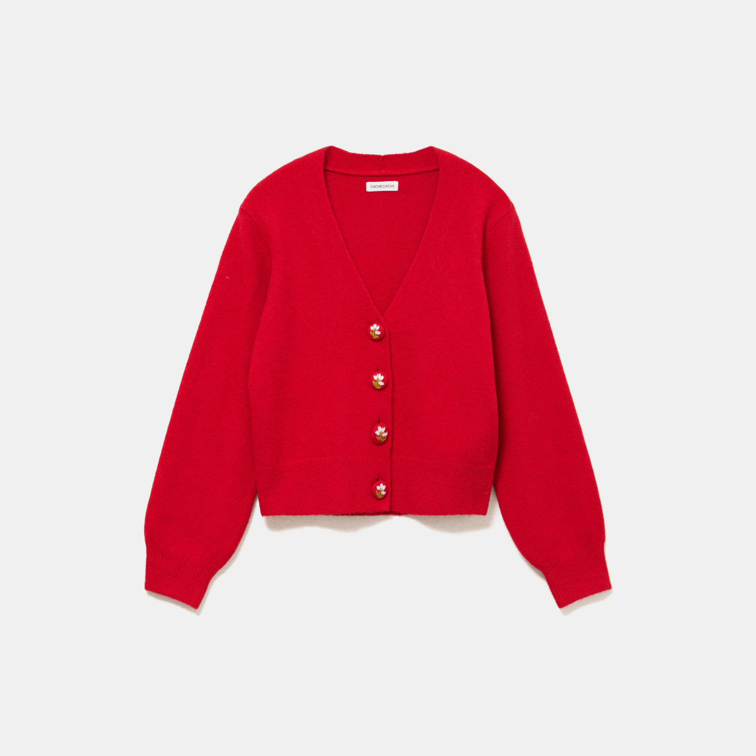 Gilet col v broderie manches longues rouge femme