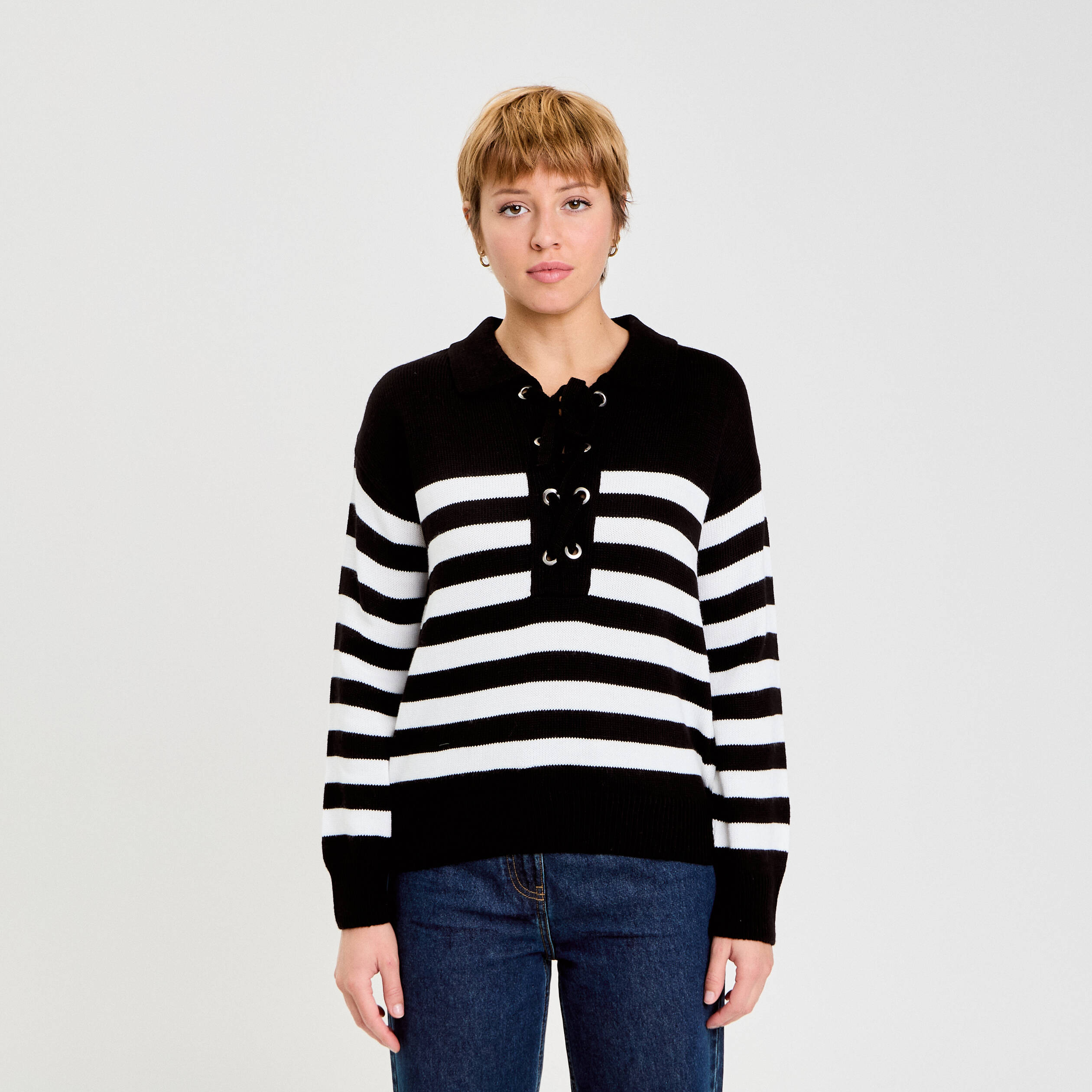 Pull col chemise manches longues noir femme
