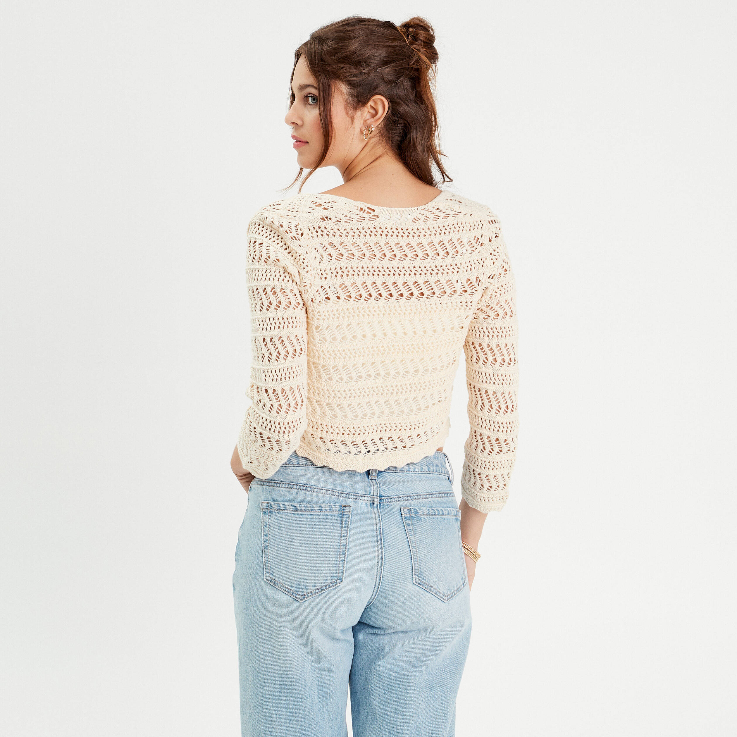 Gilet manches 3/4 ajour&eacute; ecru femme
