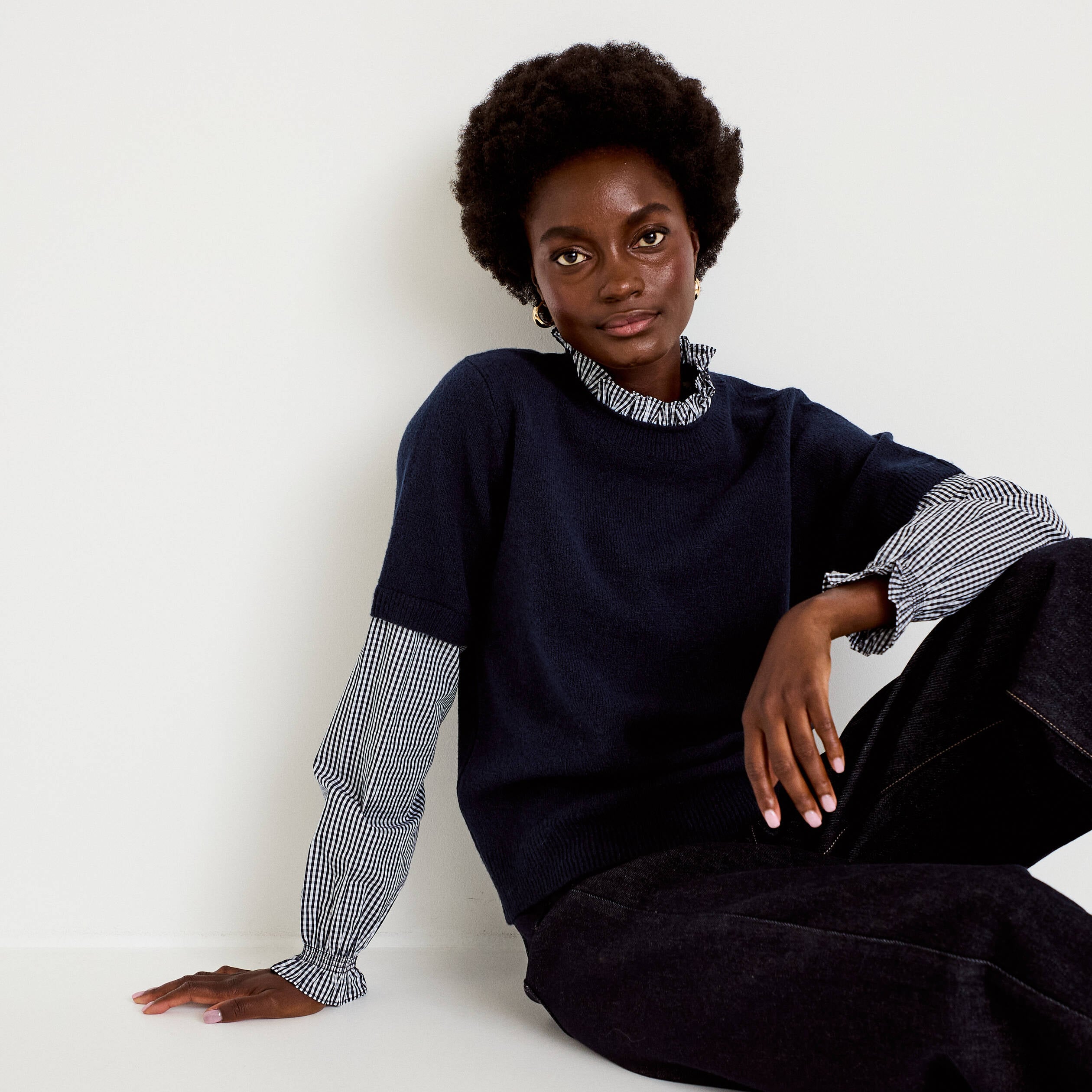 Pull col rond vichy manches longues bleu marine femme
