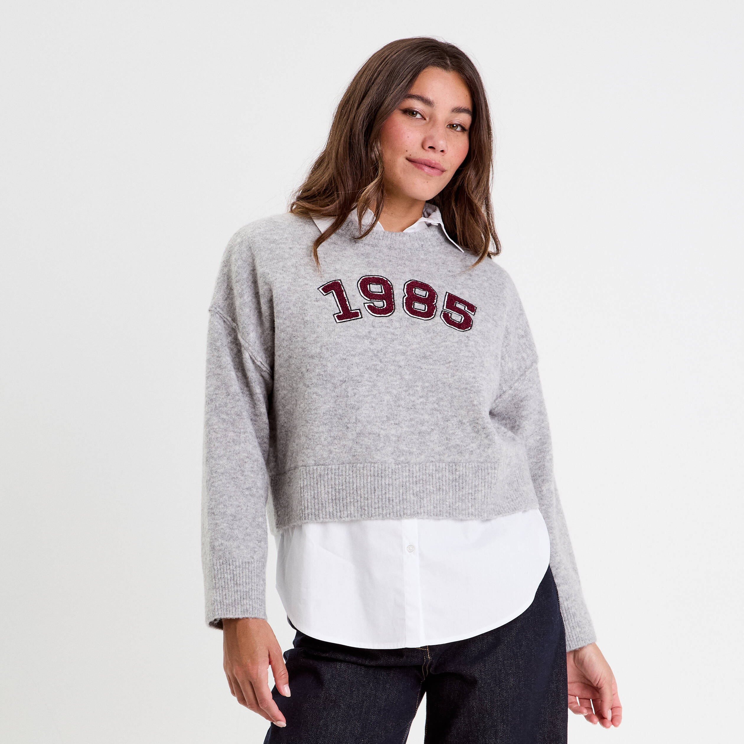 Pull col chemise manches longues gris clair femme Vibs