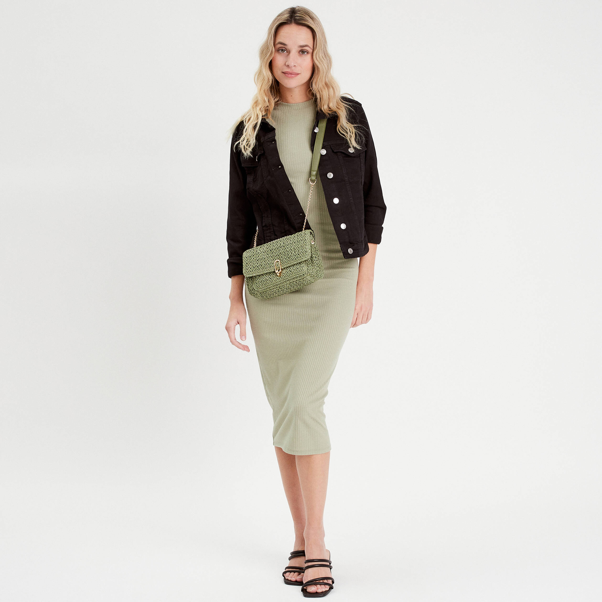 Robe longue moulante vert kaki femme