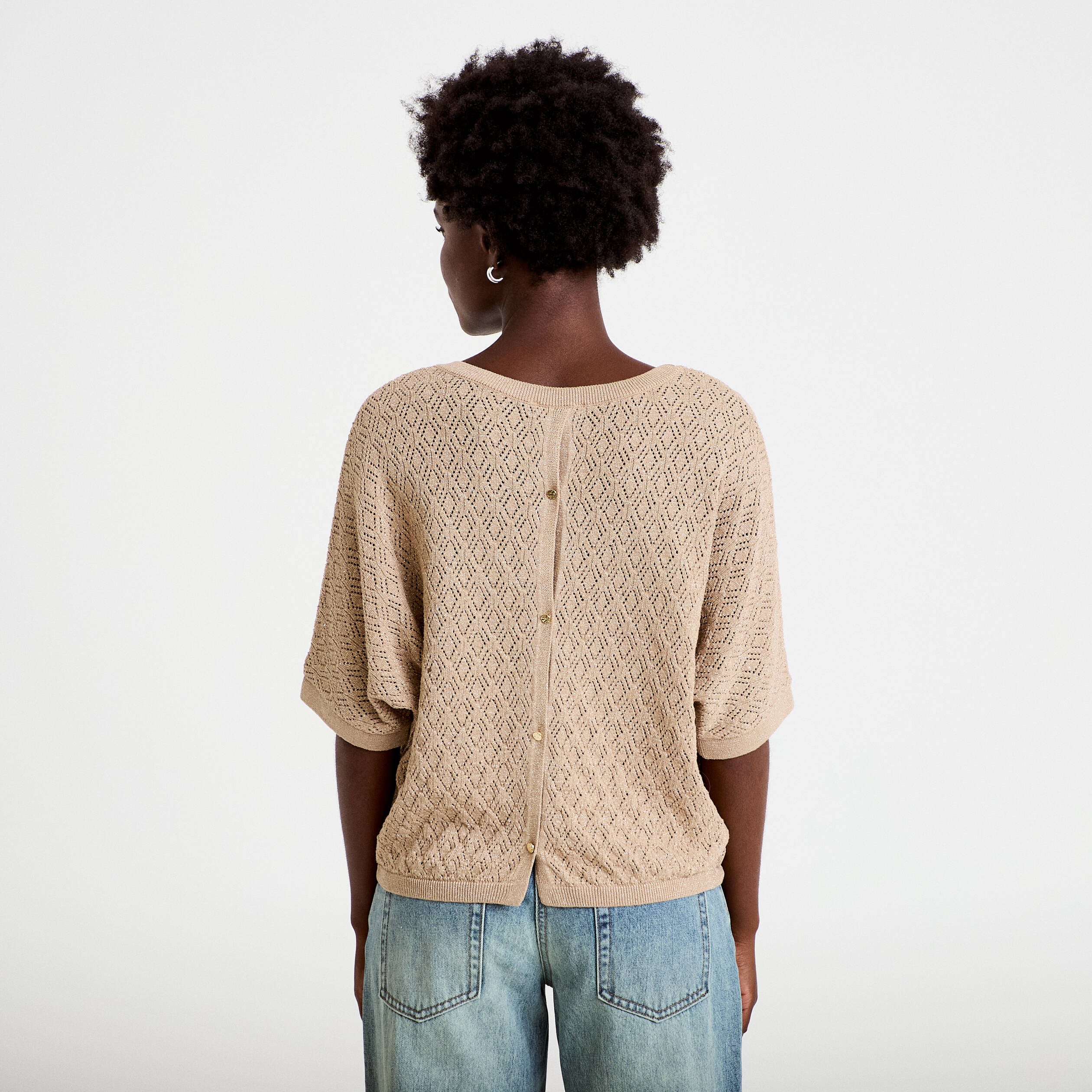 Pull ajour&eacute; col v manches courtes beige femme