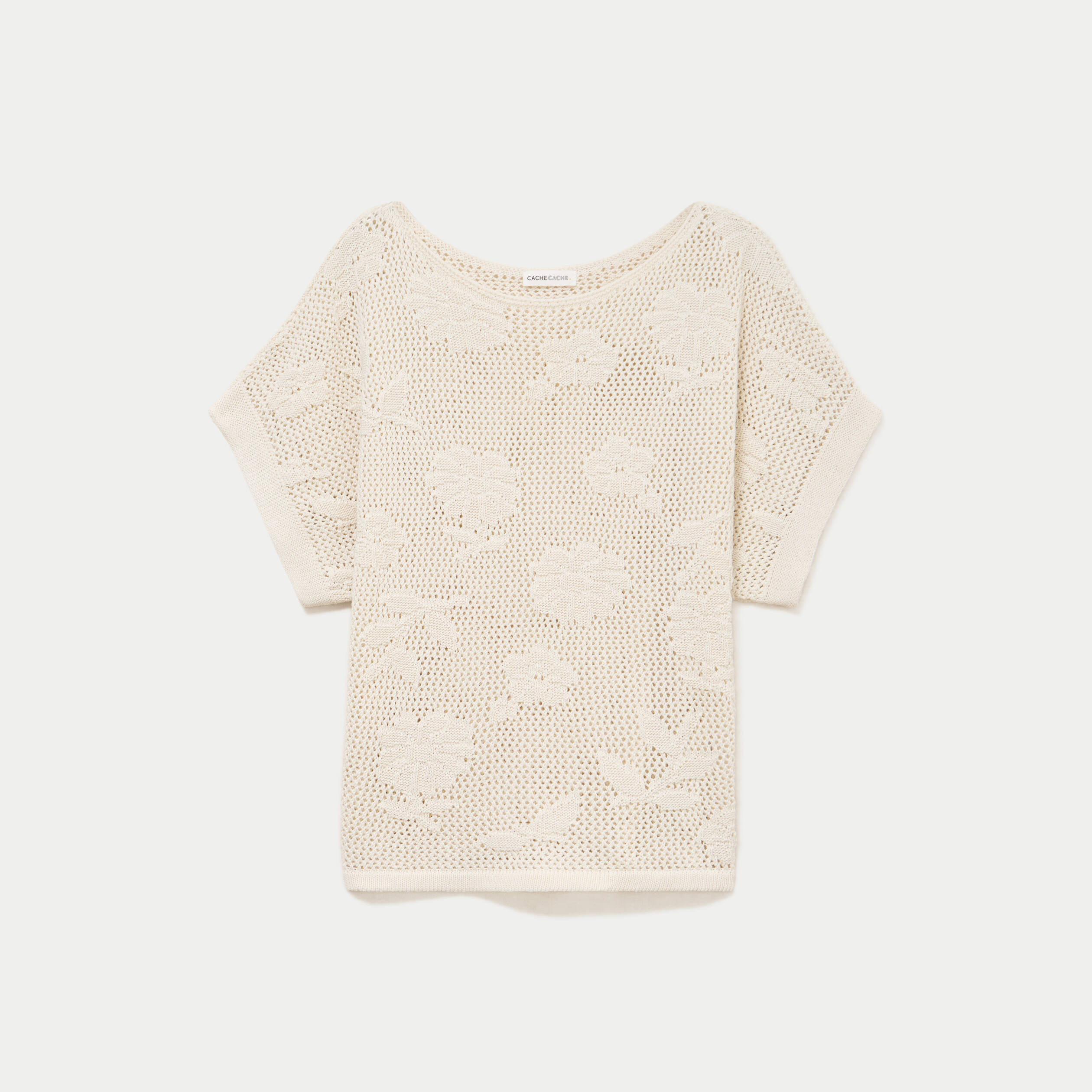 Pull ajour&eacute; col bateau manches courtes ecru femme
