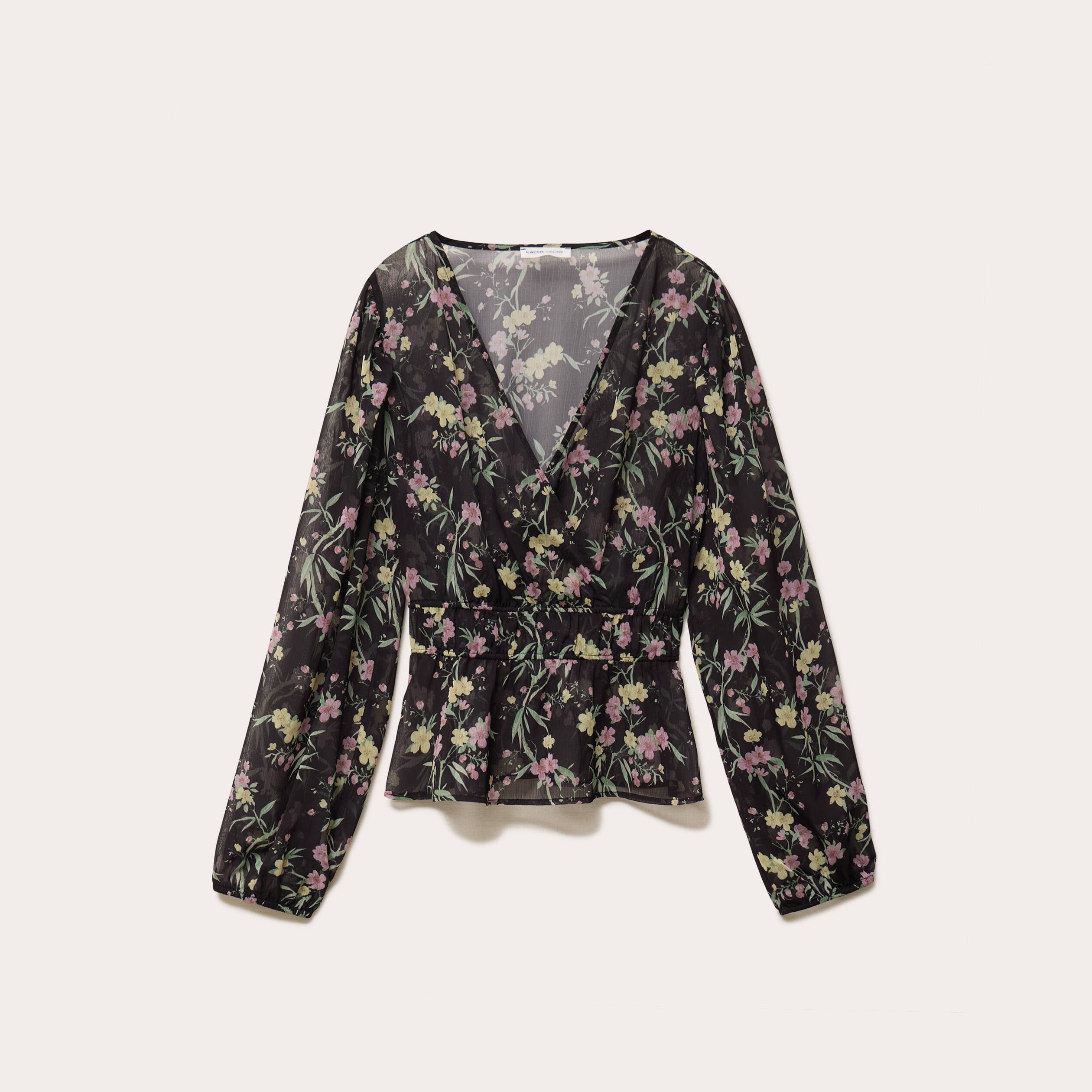 Blouse cintr&eacute;e col v manches longues noir femme