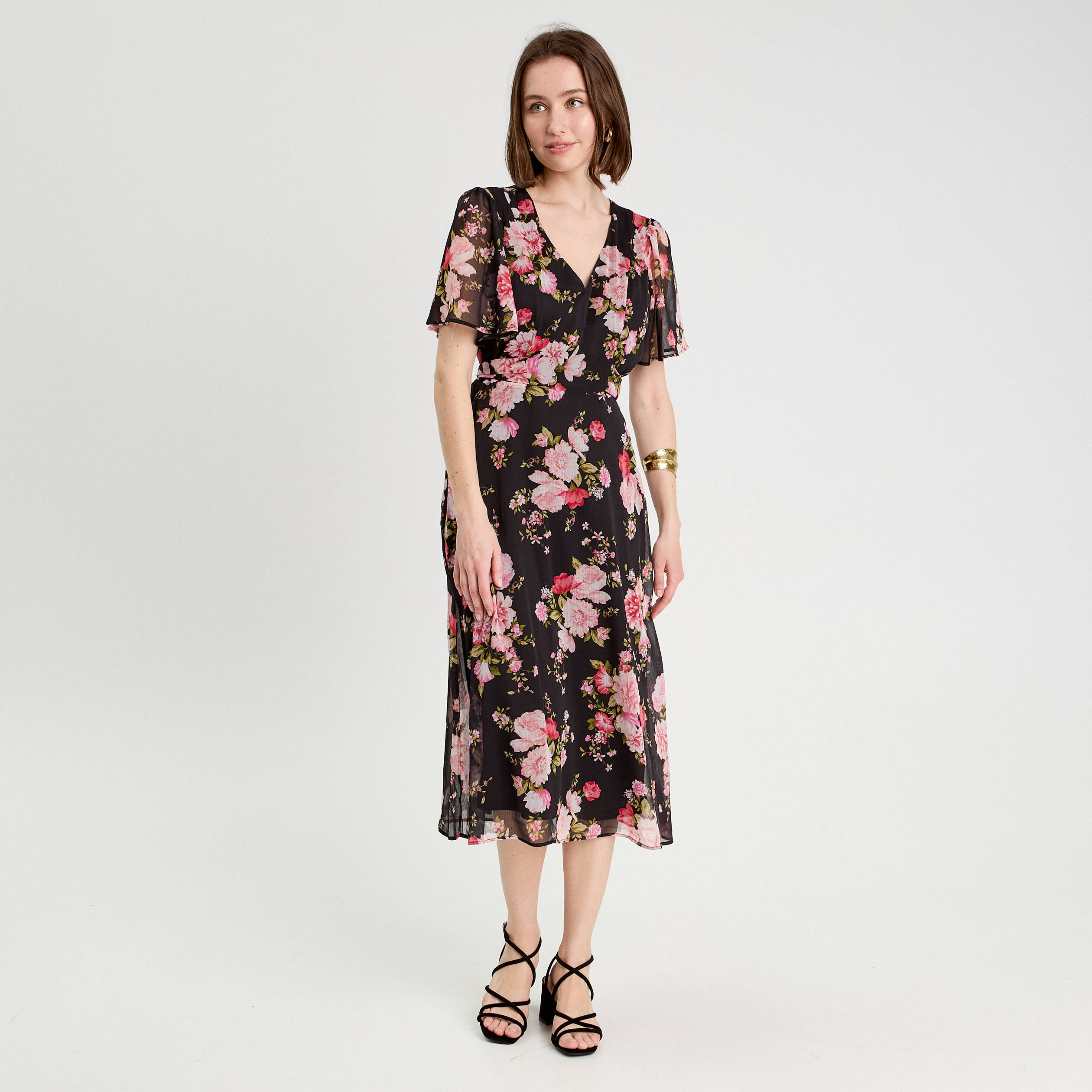 robe midi evasee col en v noir femme Robe midi évasée col en V noir femme