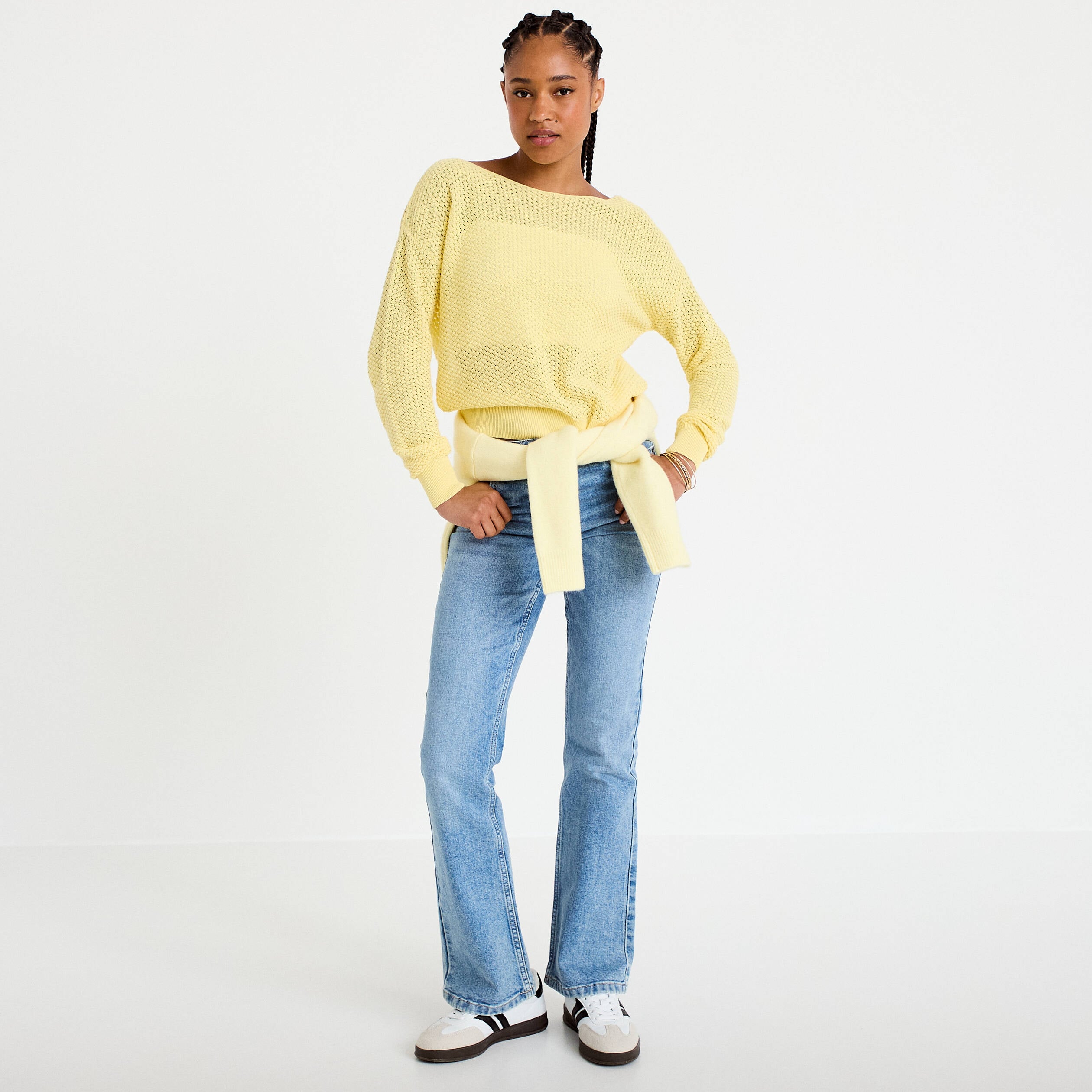 Pull ample ajour&eacute; manches longues jaune pastel femme