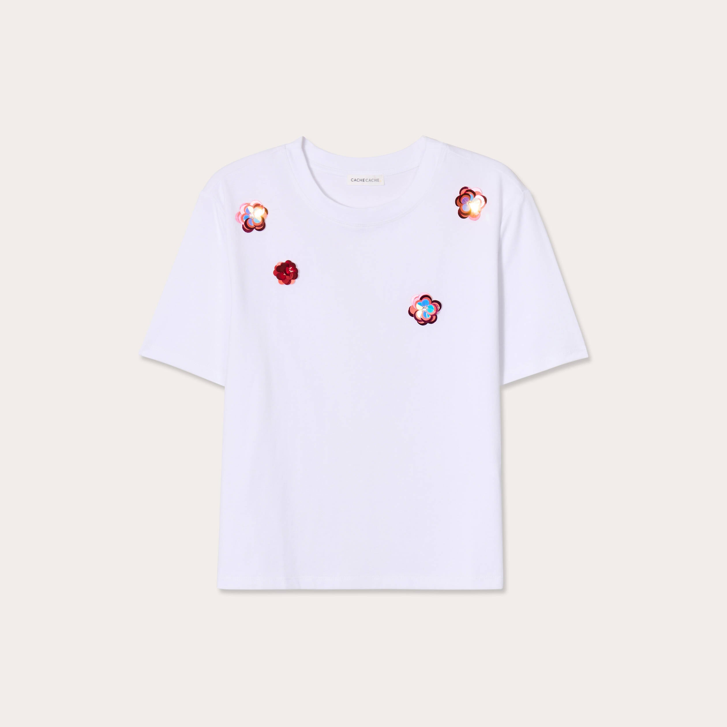 T-shirt d&eacute;tails fleurs sequins blanc femme