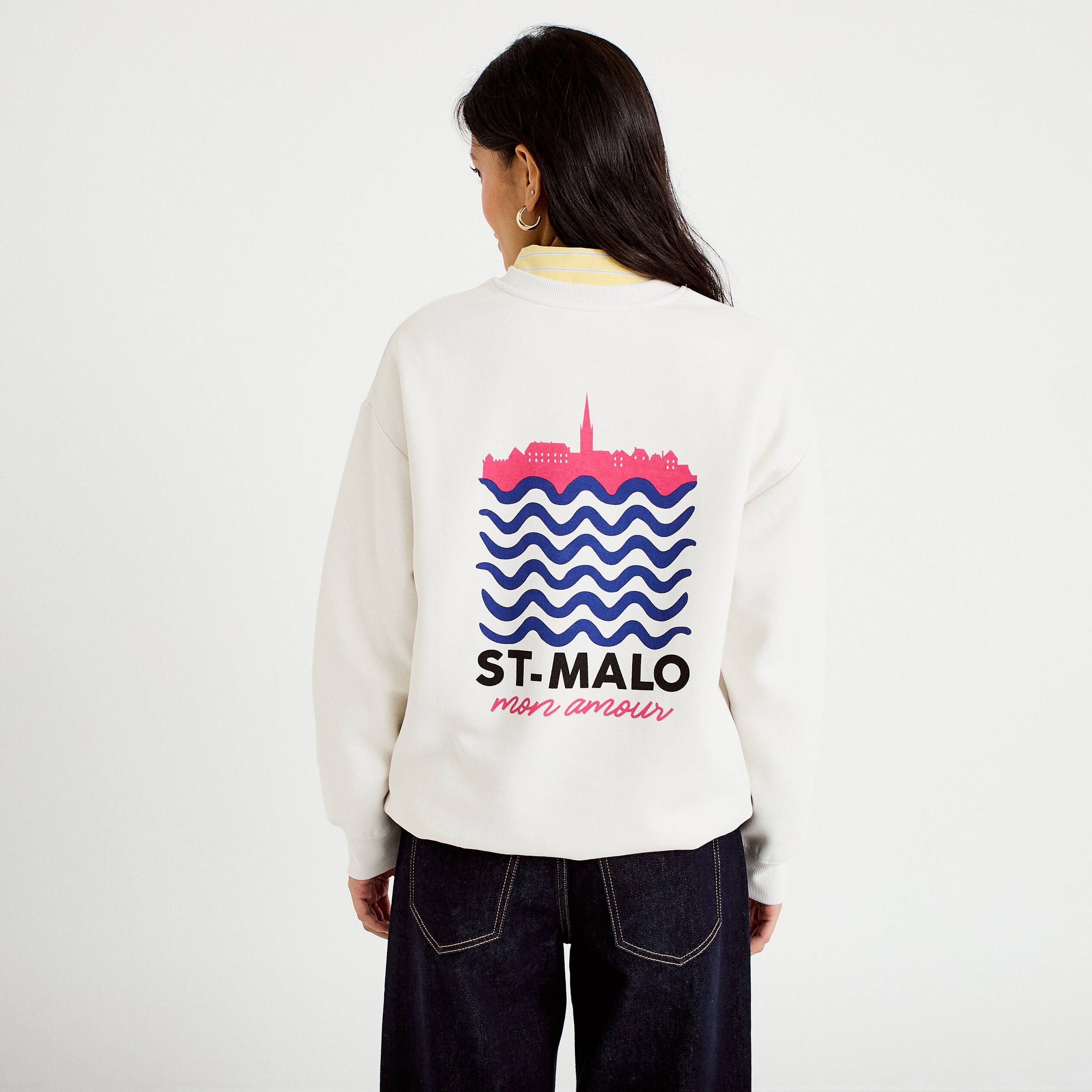 Sweat col rond manches longues ecru femme
