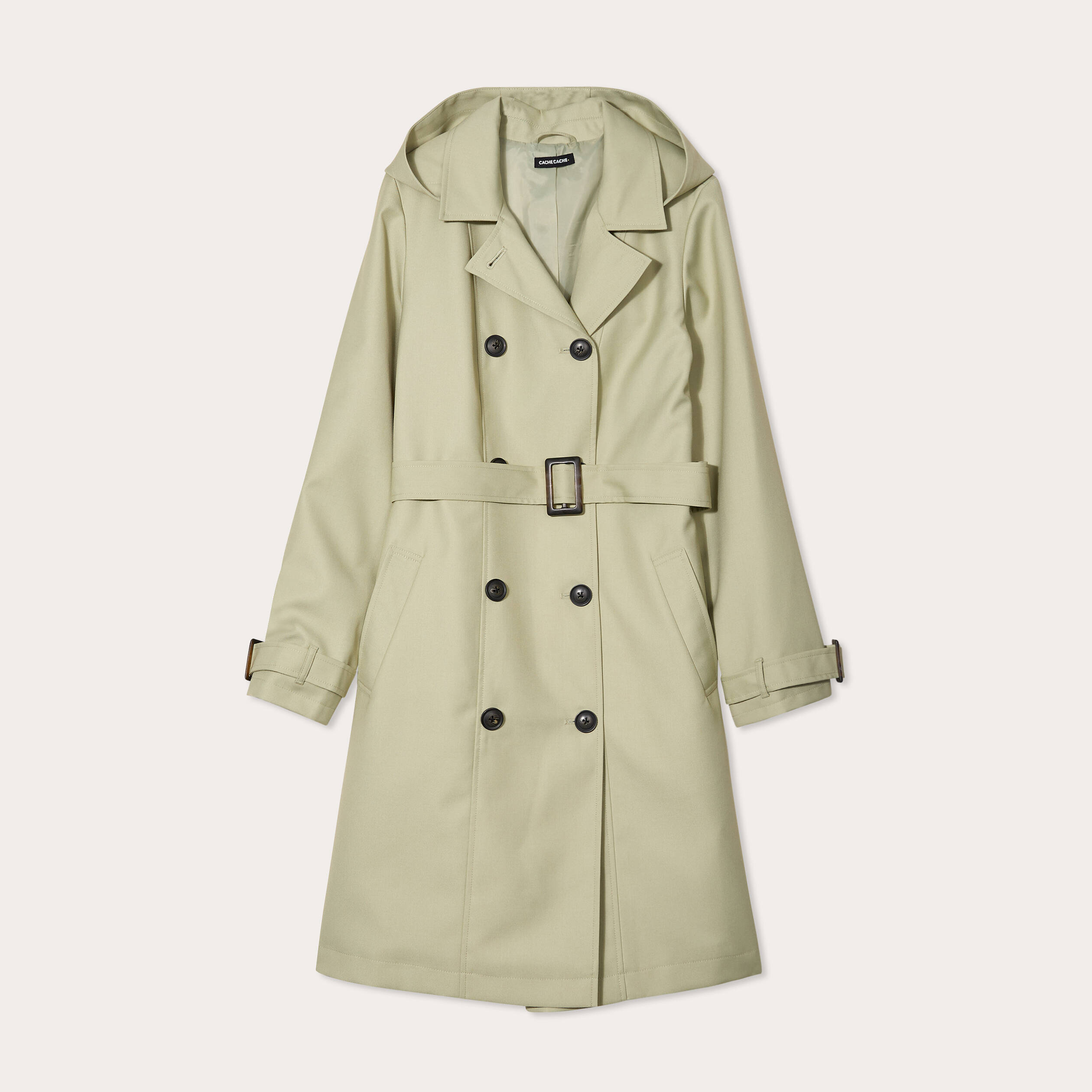 Manteau mi-long à capuche vert kaki femme