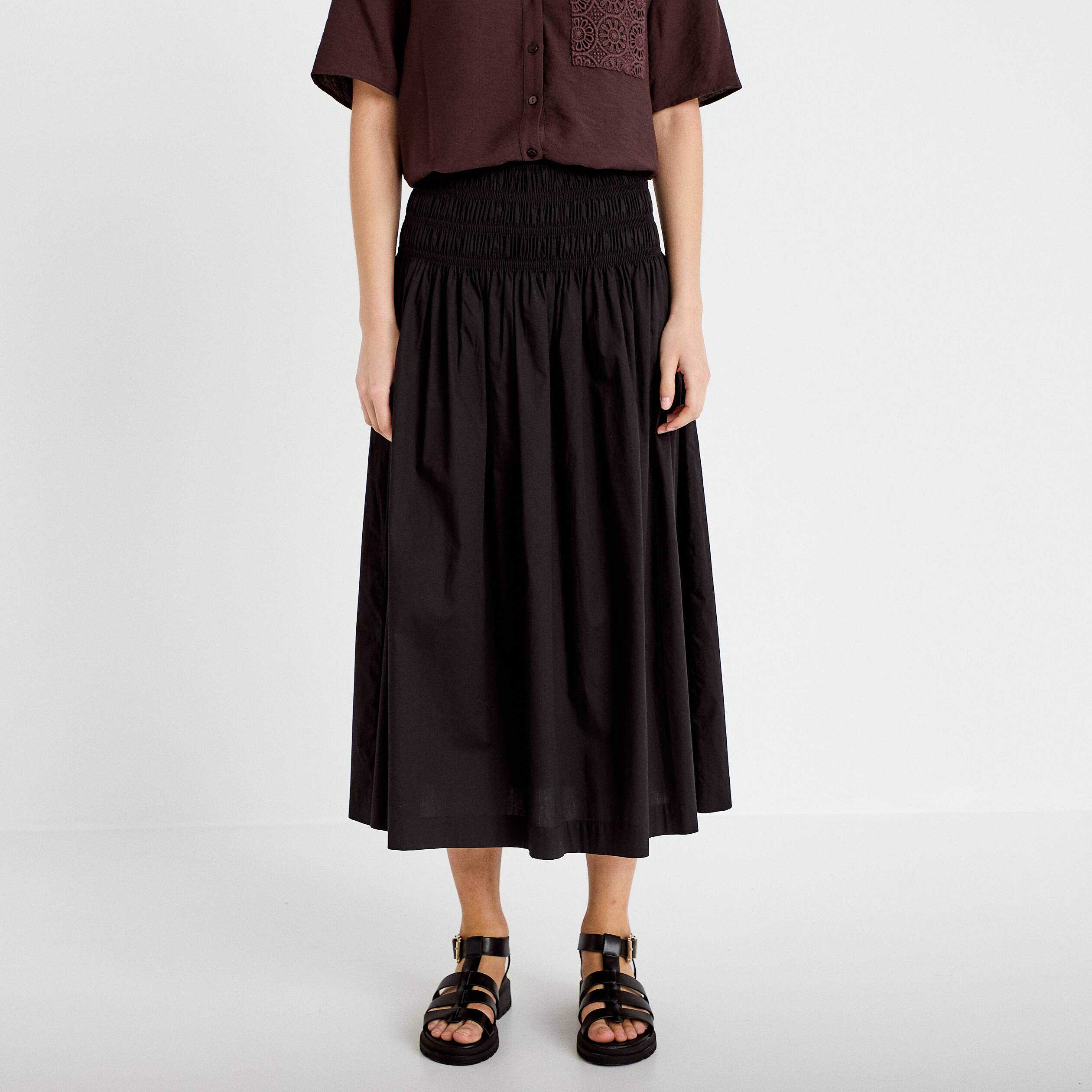Jupon &eacute;vas&eacute; taille smock&eacute;e noir femme