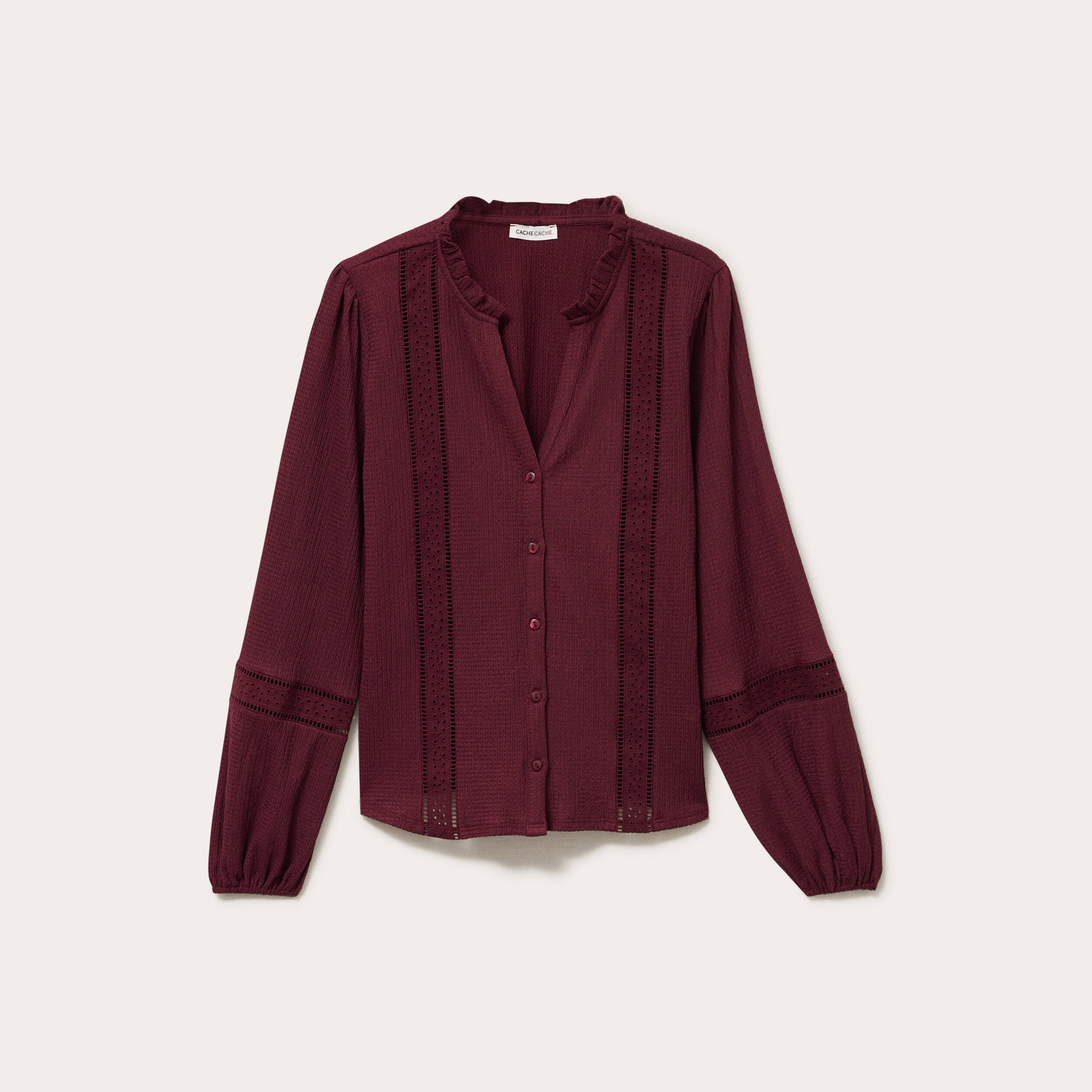 Blouse broderie col V manches longues bordeaux femme