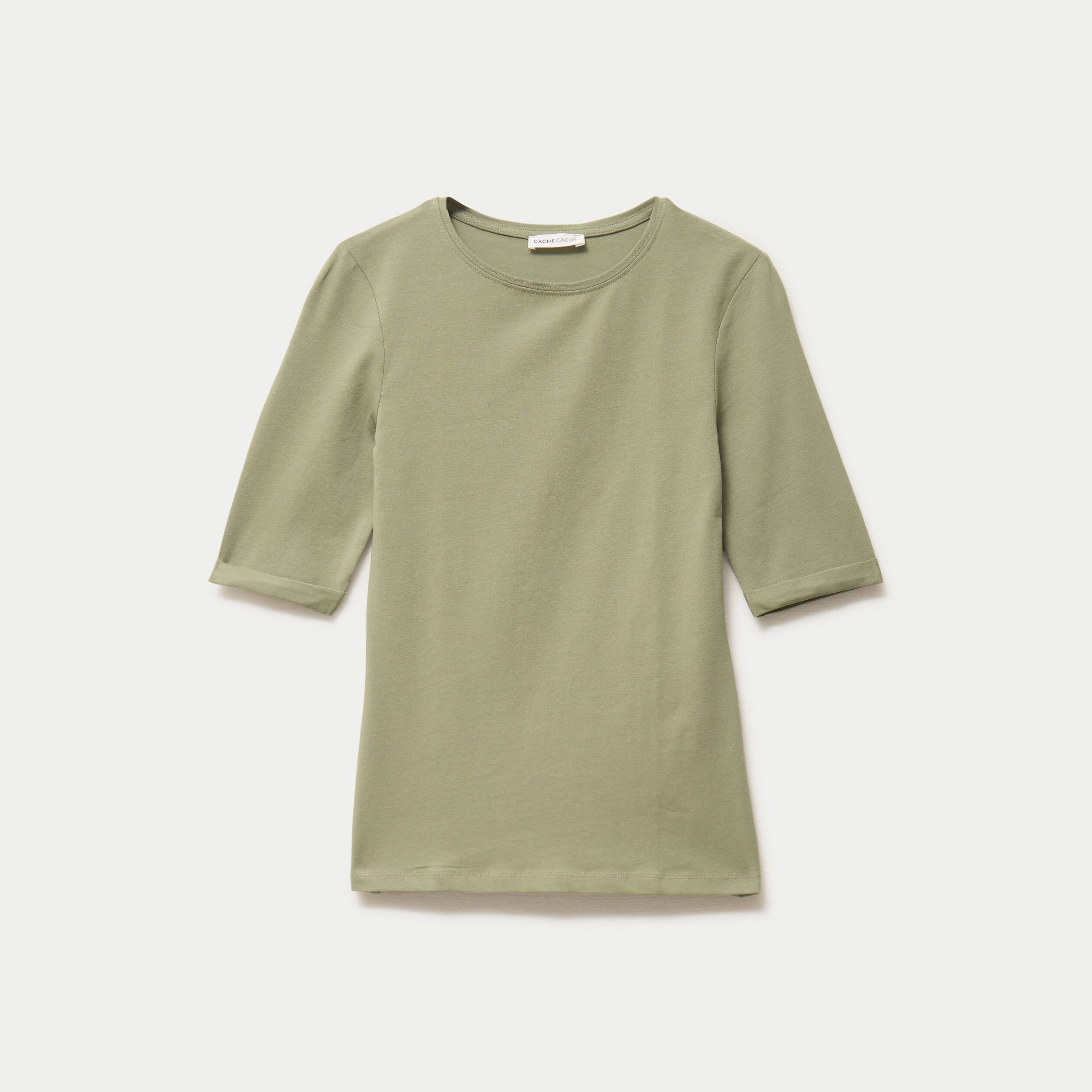 T-shirt ajust&eacute; col rond manches courtes vert kaki femme
