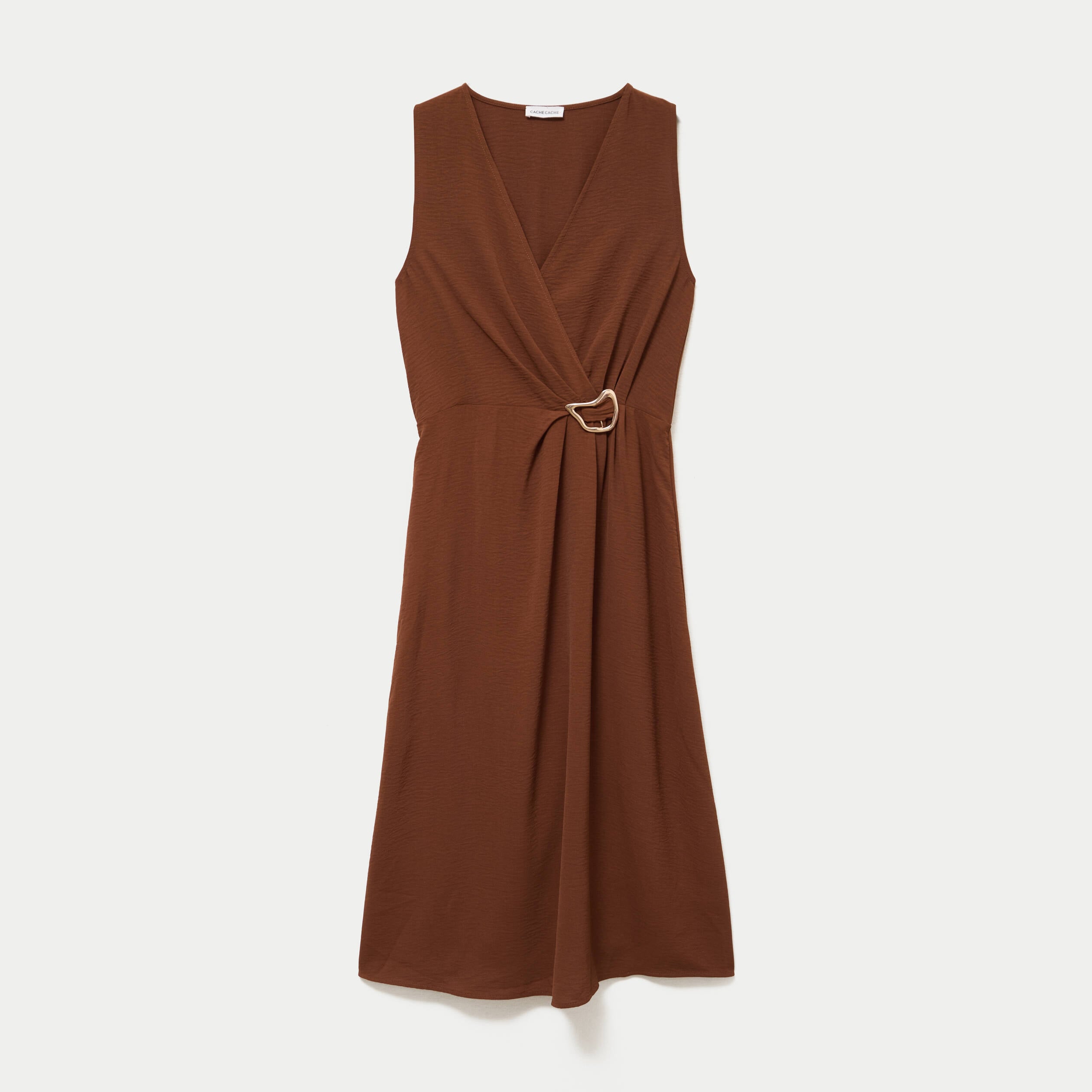 Robe droite 3/4 sans manches col v marron femme