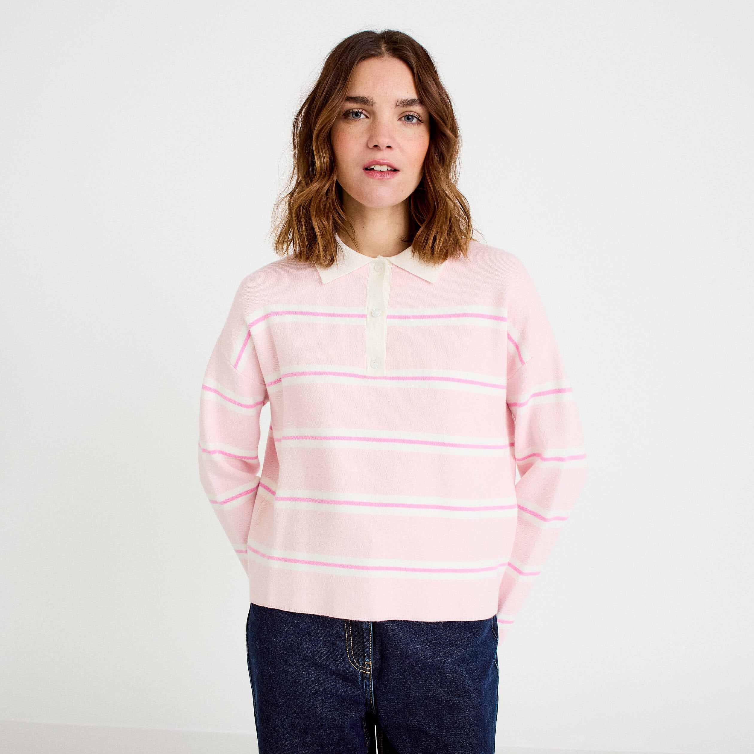 Polo manches longues col chemise rose poudr&eacute;e femme