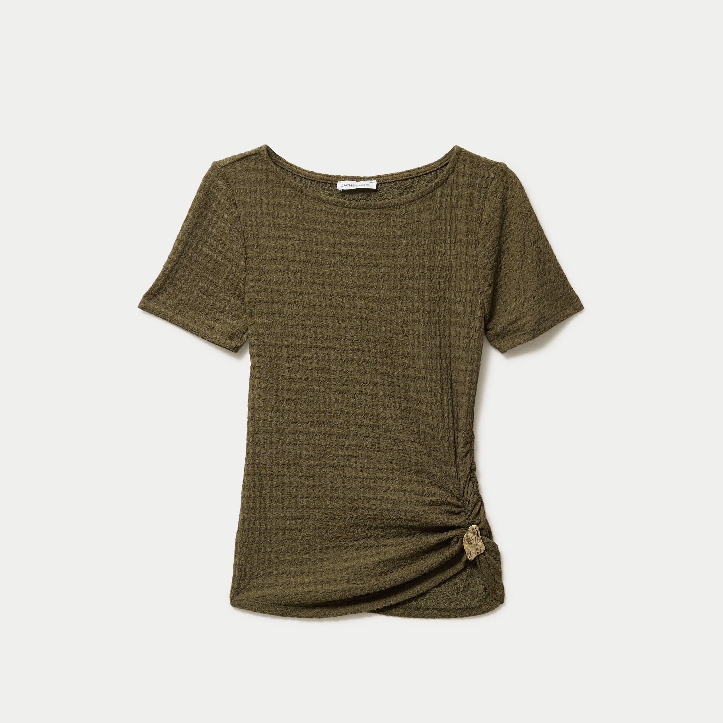 T-shirt col rond manches courtes bijou vert kaki femme