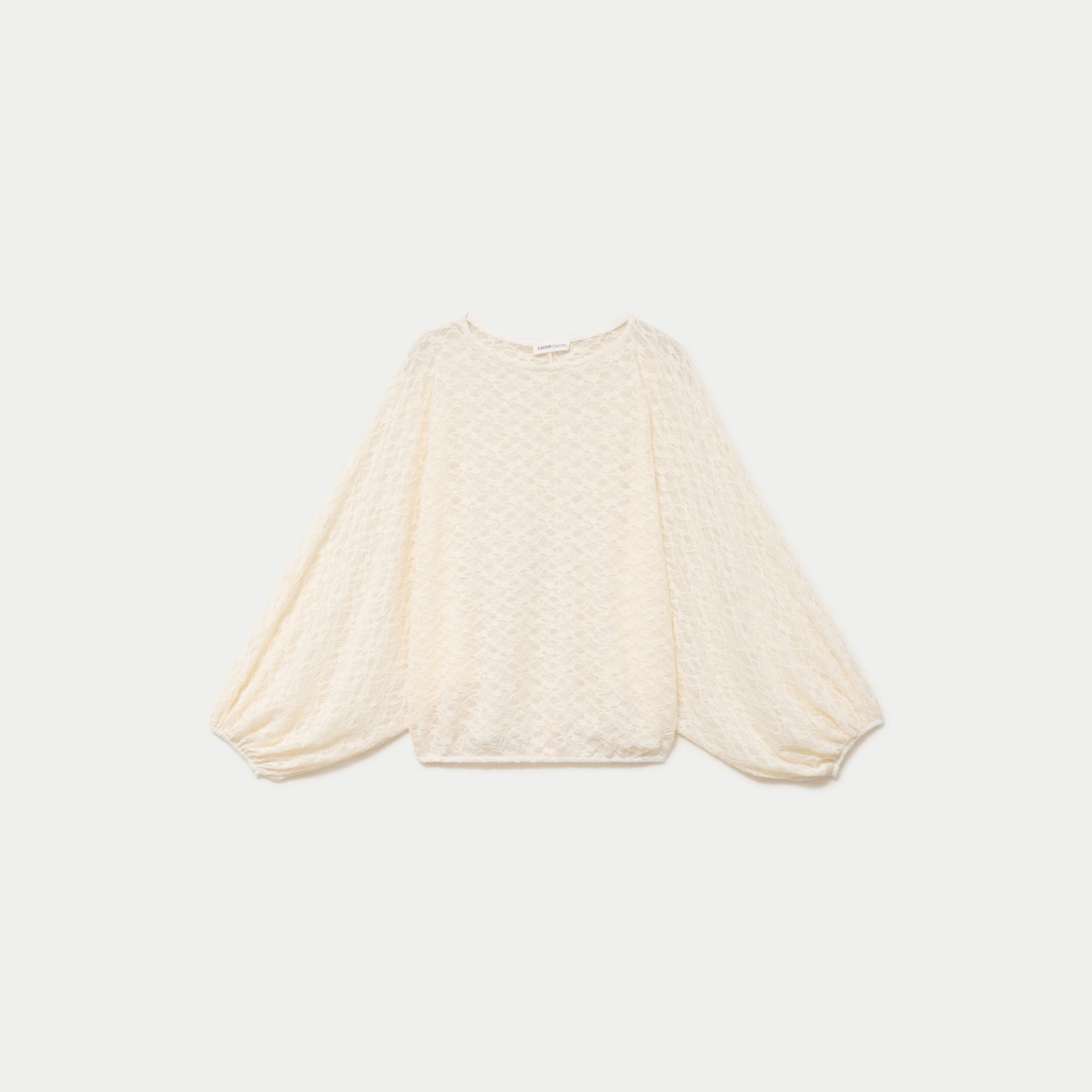 Blouse dentelle col rond manches longues ecru femme
