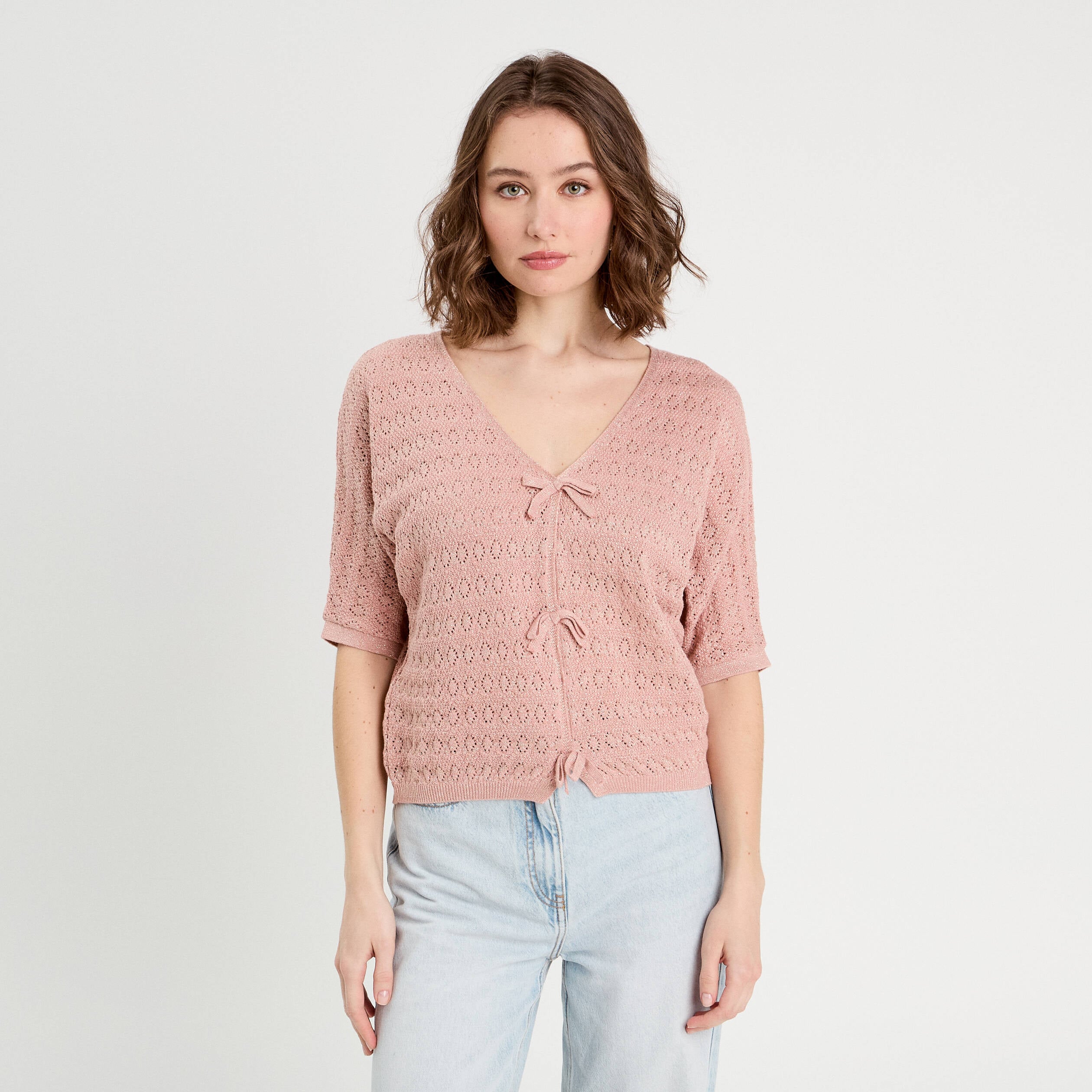 Pull ajour&eacute; manches 3/4 rose pastel femme