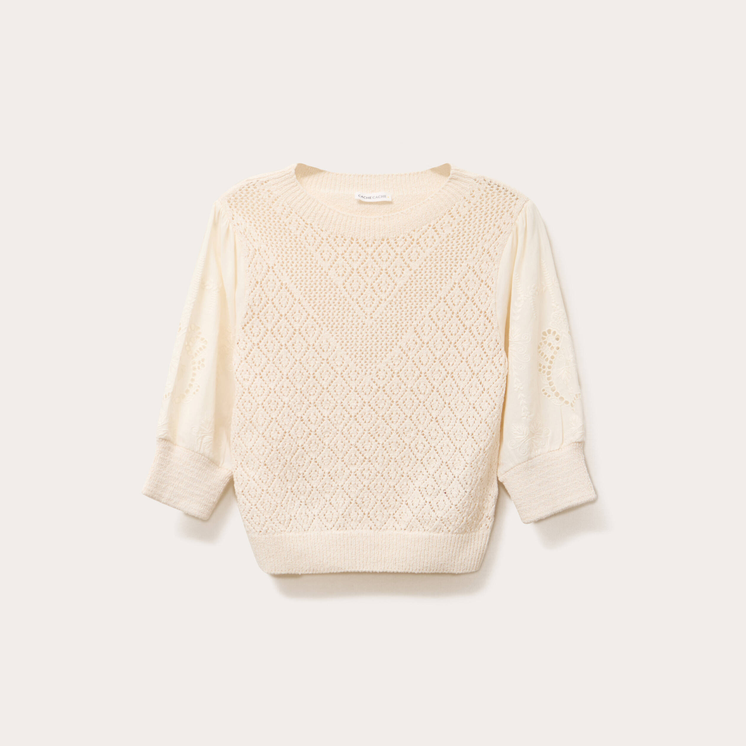 pull manches 34 ajoure ecru femme Pull manches 3/4 ajouré ecru femme