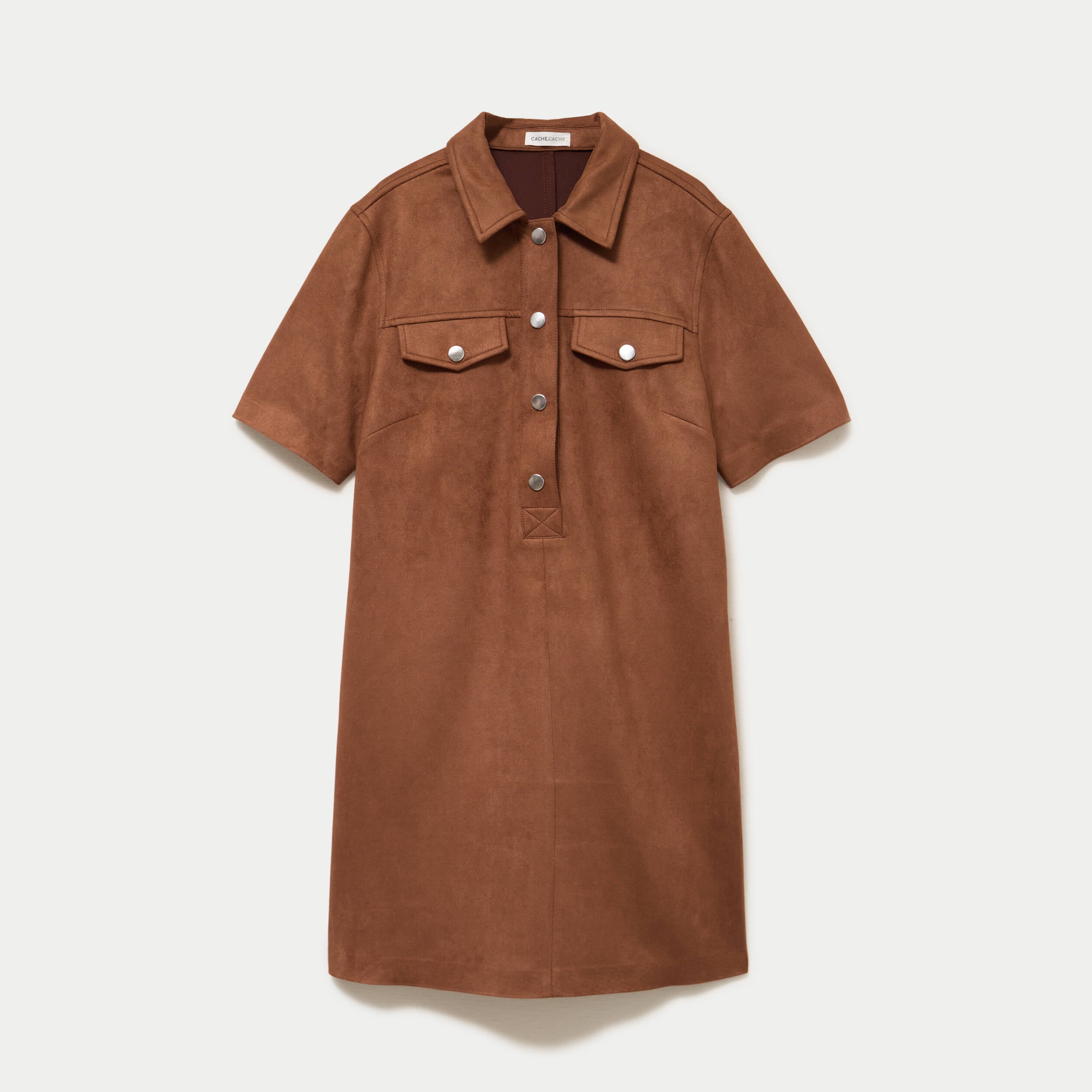Robe droite 3/4 manches courtes daim marron femme