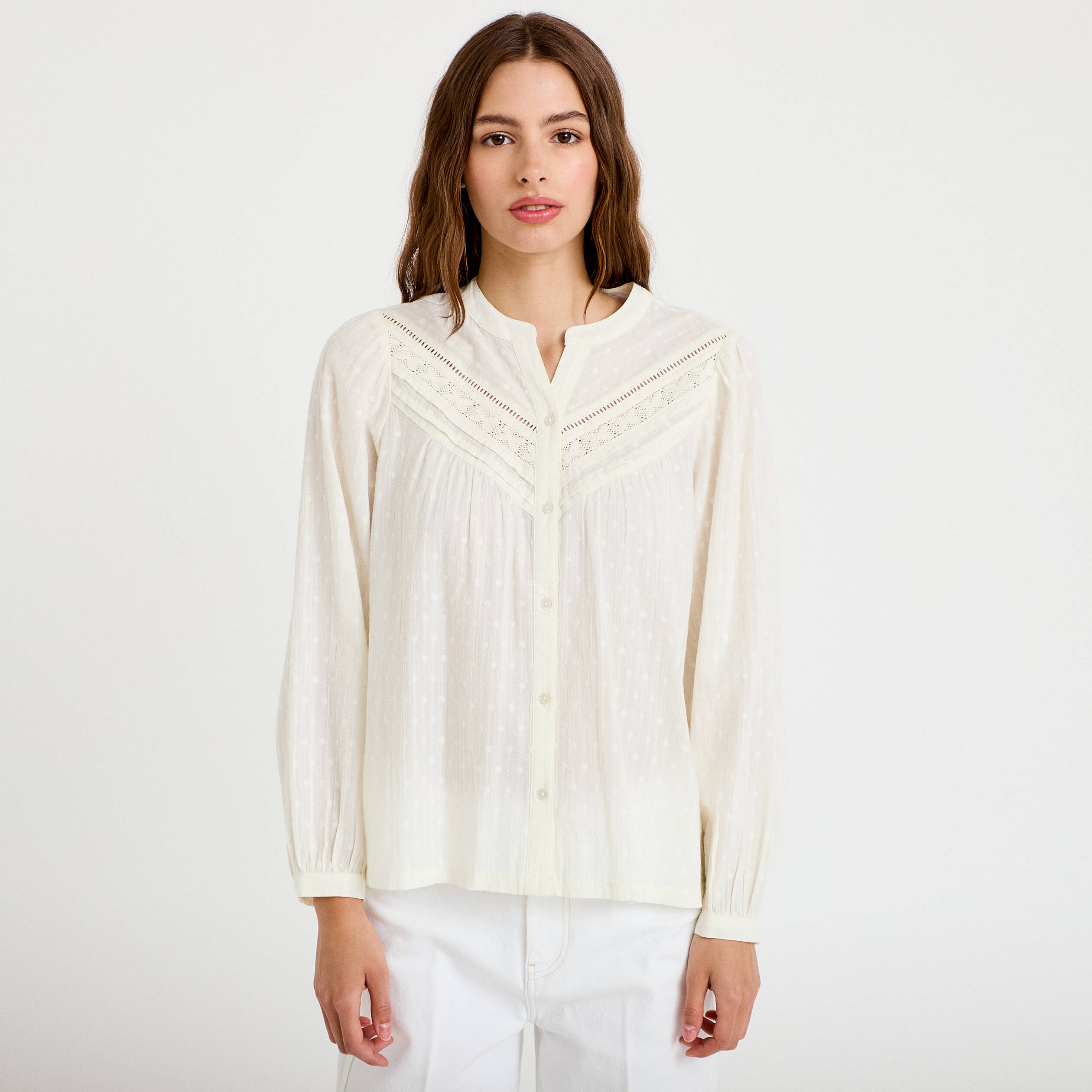 Blouse droite col rond manches longues ecru femme