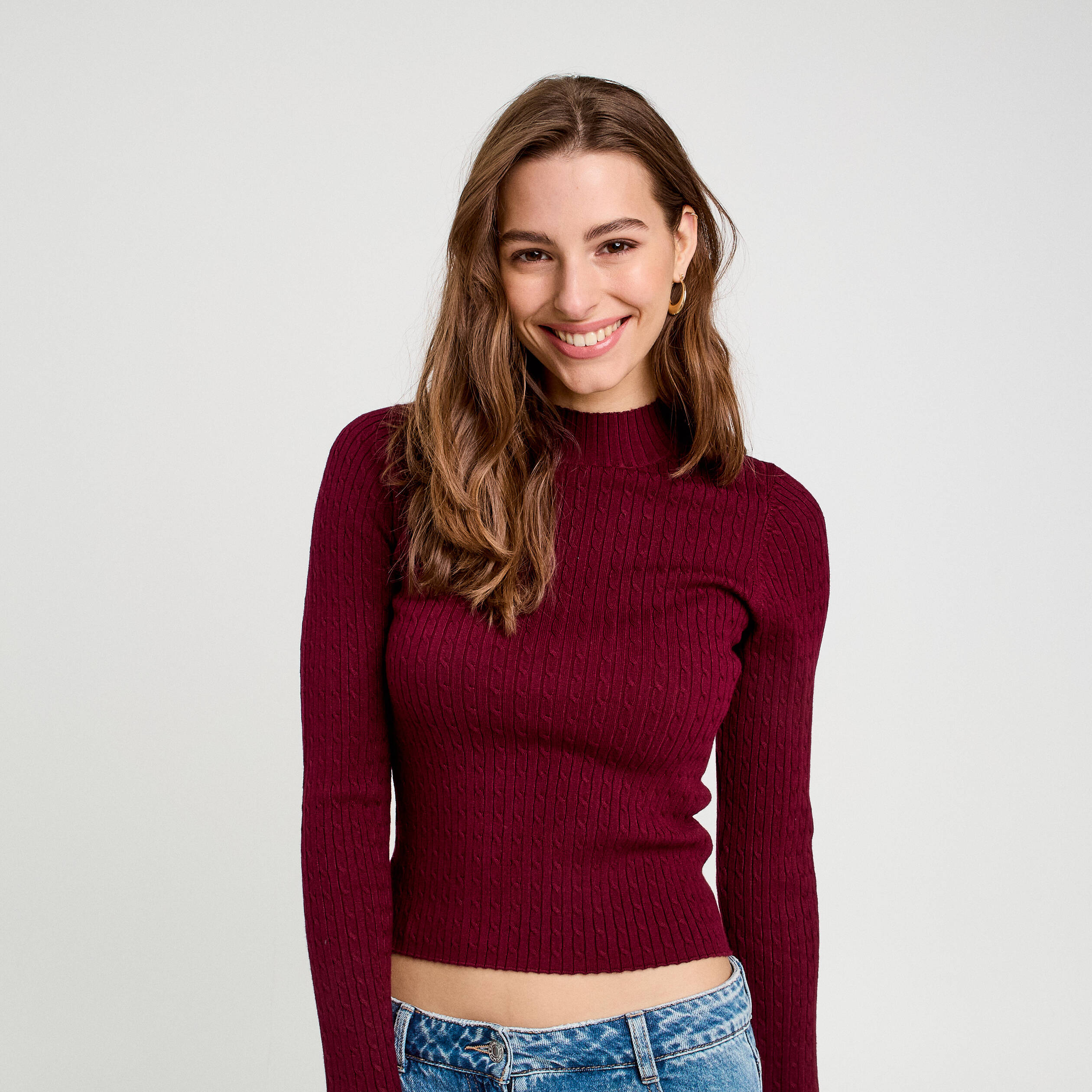 pull col montant torsades bordeaux femme Pull col montant torsades bordeaux femme