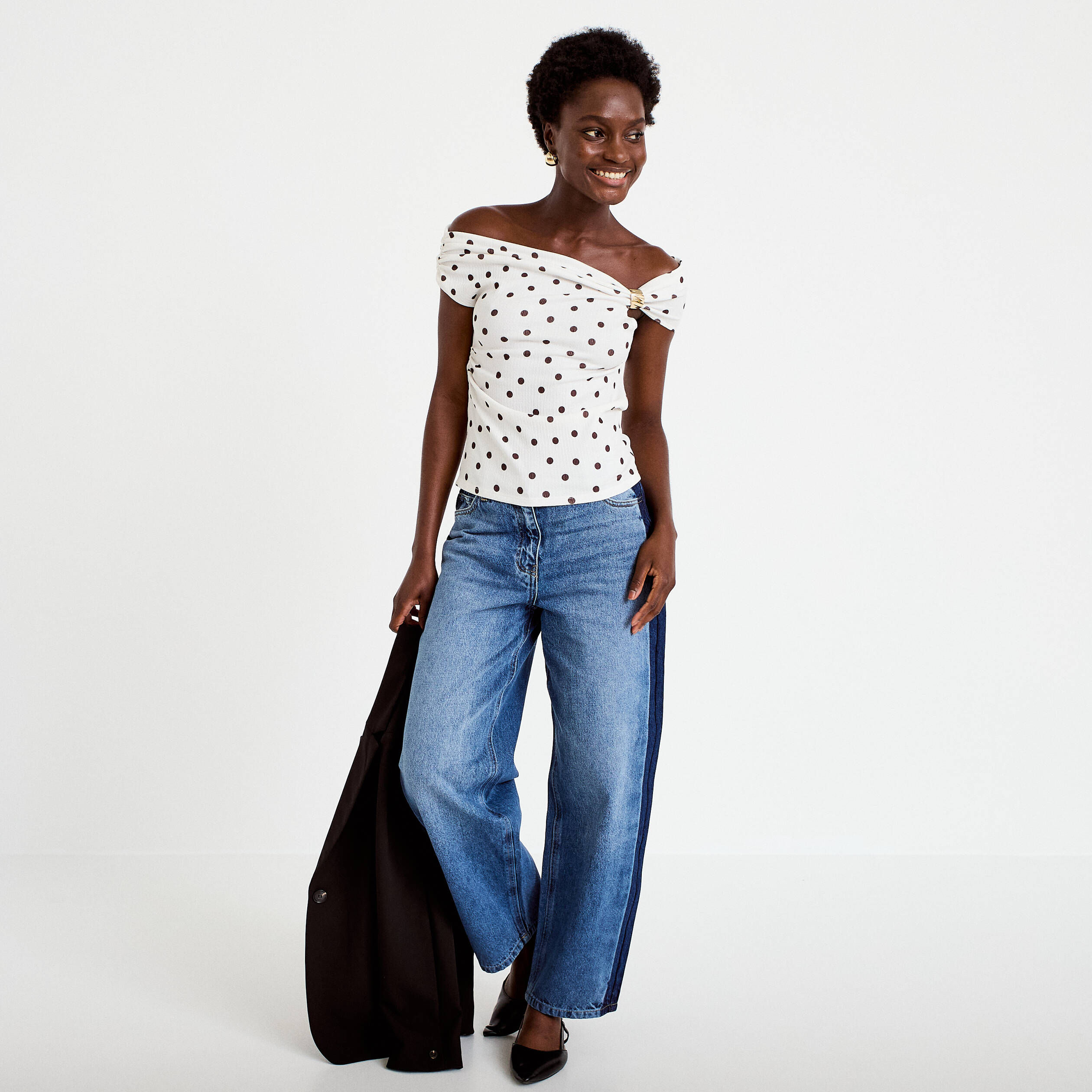 Top pliss&eacute; col bardot sans manches blanc femme