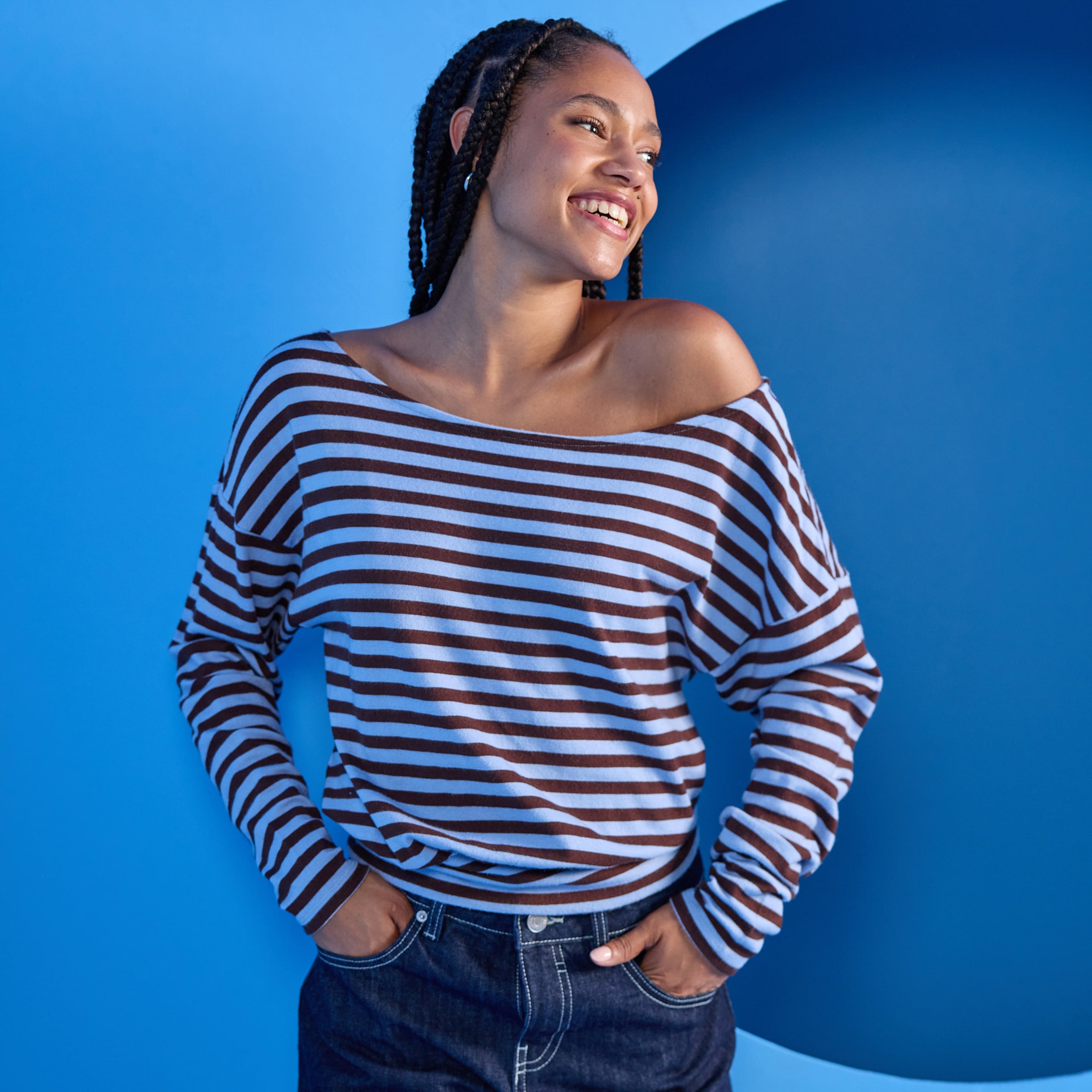T-shirt col bateau manches longues bleu femme