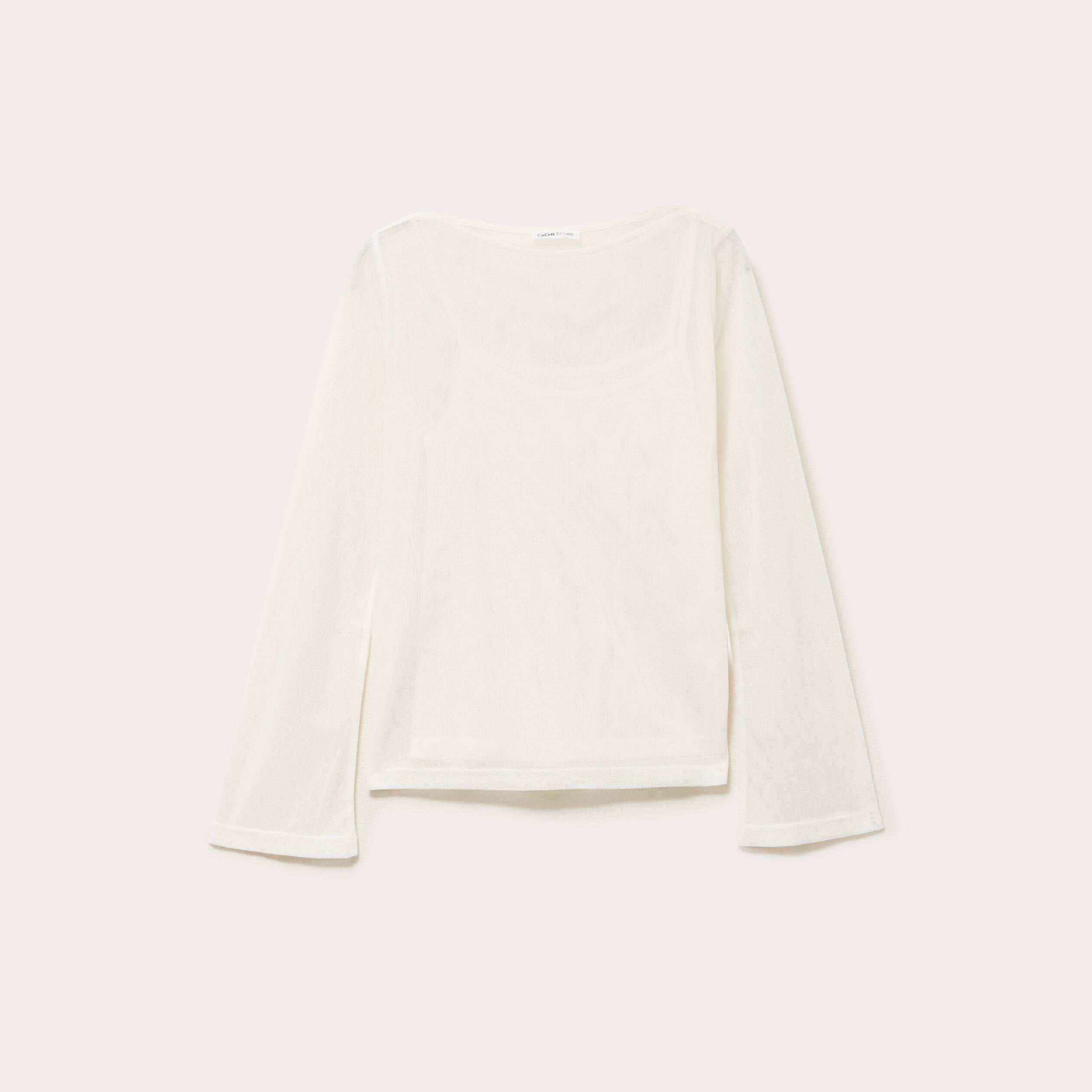 Top transparent col rond manches longues ecru femme