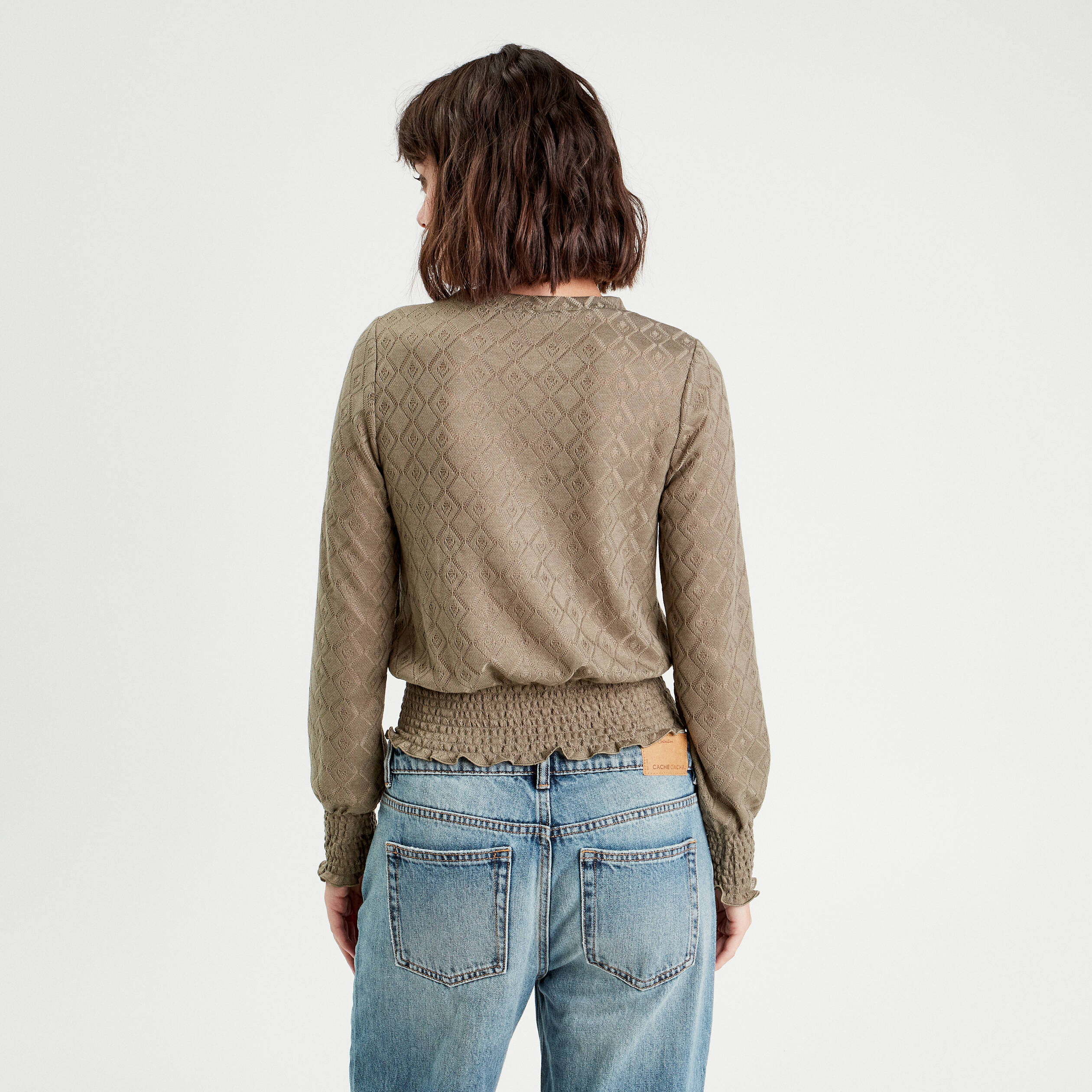 blouse smockee manches longues vert kaki femme Blouse smockée manches longues vert kaki femme