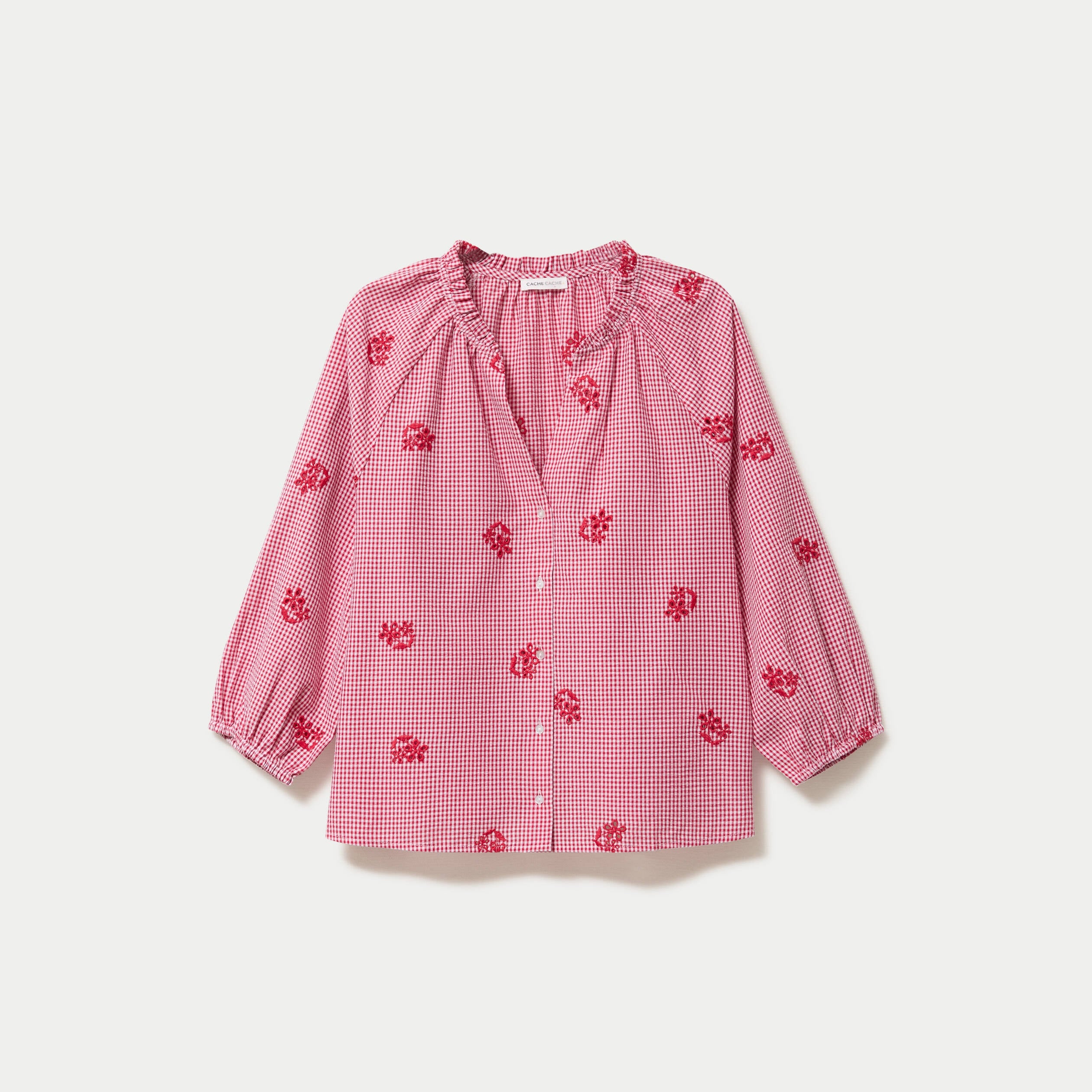 Blouse col v manches 3/4 broderie rouge femme