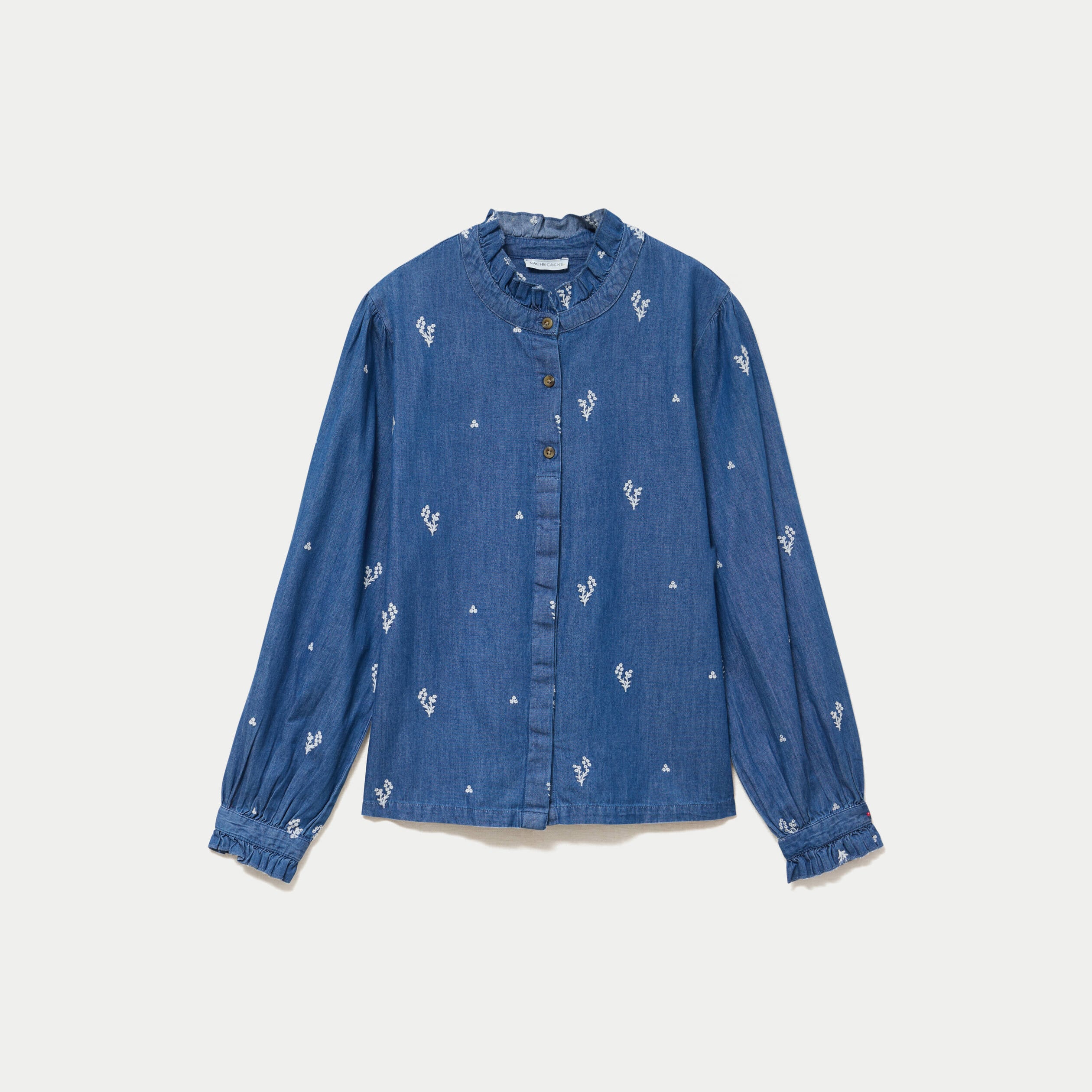 Chemise droite en jean col montant blanc femme