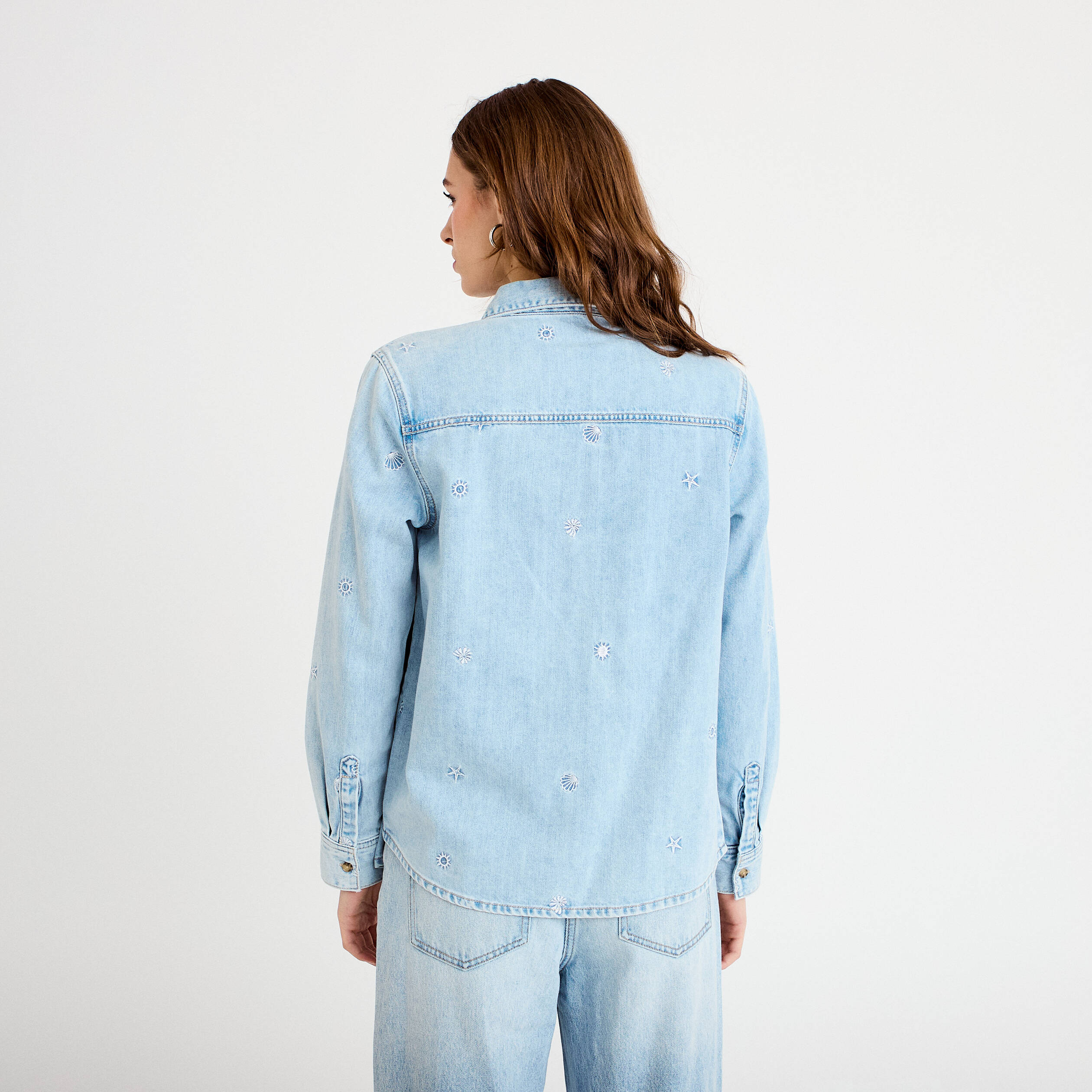 Chemise droite courte manches longues bleu femme