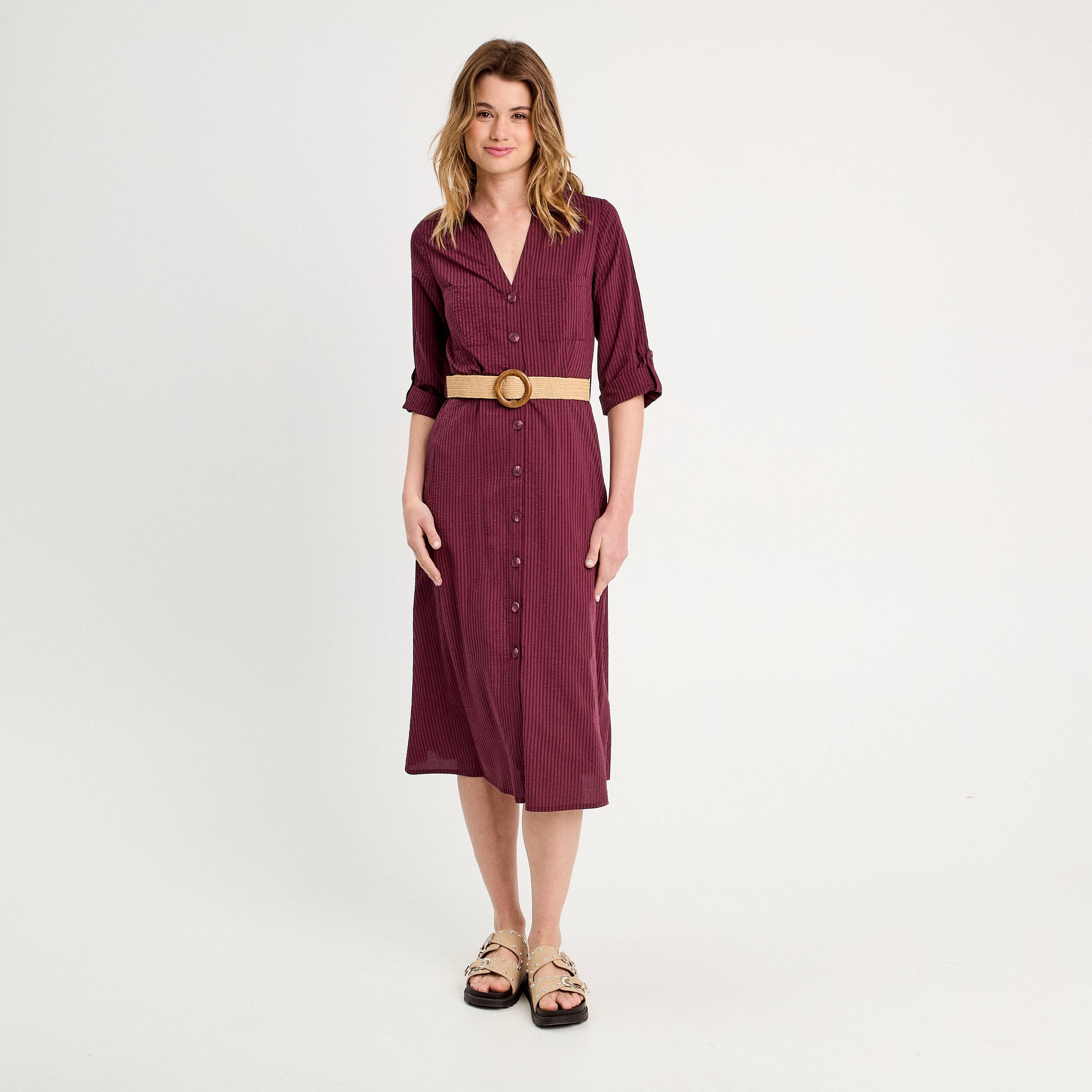 robe midi evasee ceinturee prune femme Robe midi évasée ceinturée prune femme