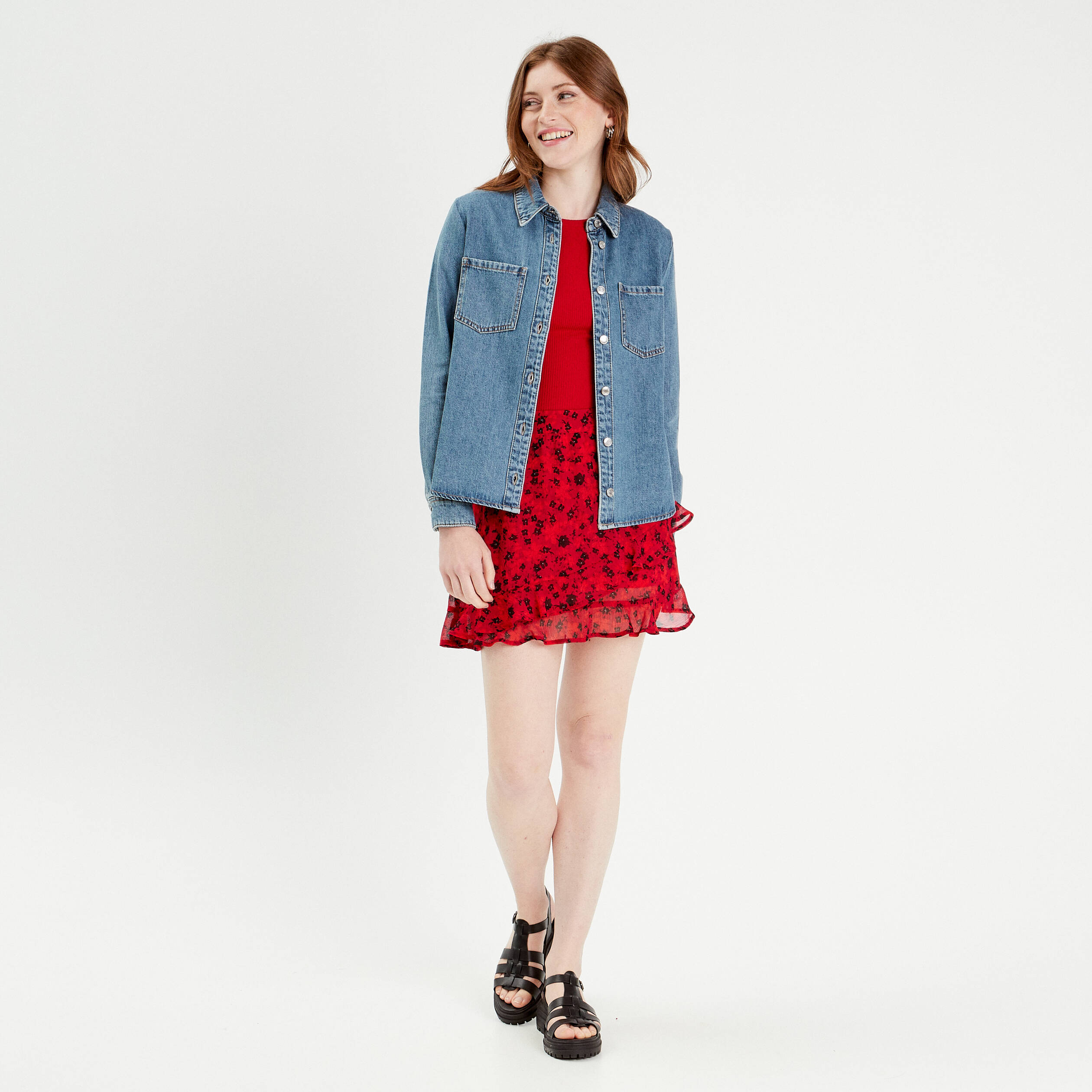 t shirt manches courtes cotele rouge femme T-shirt manches courtes côtelé rouge femme