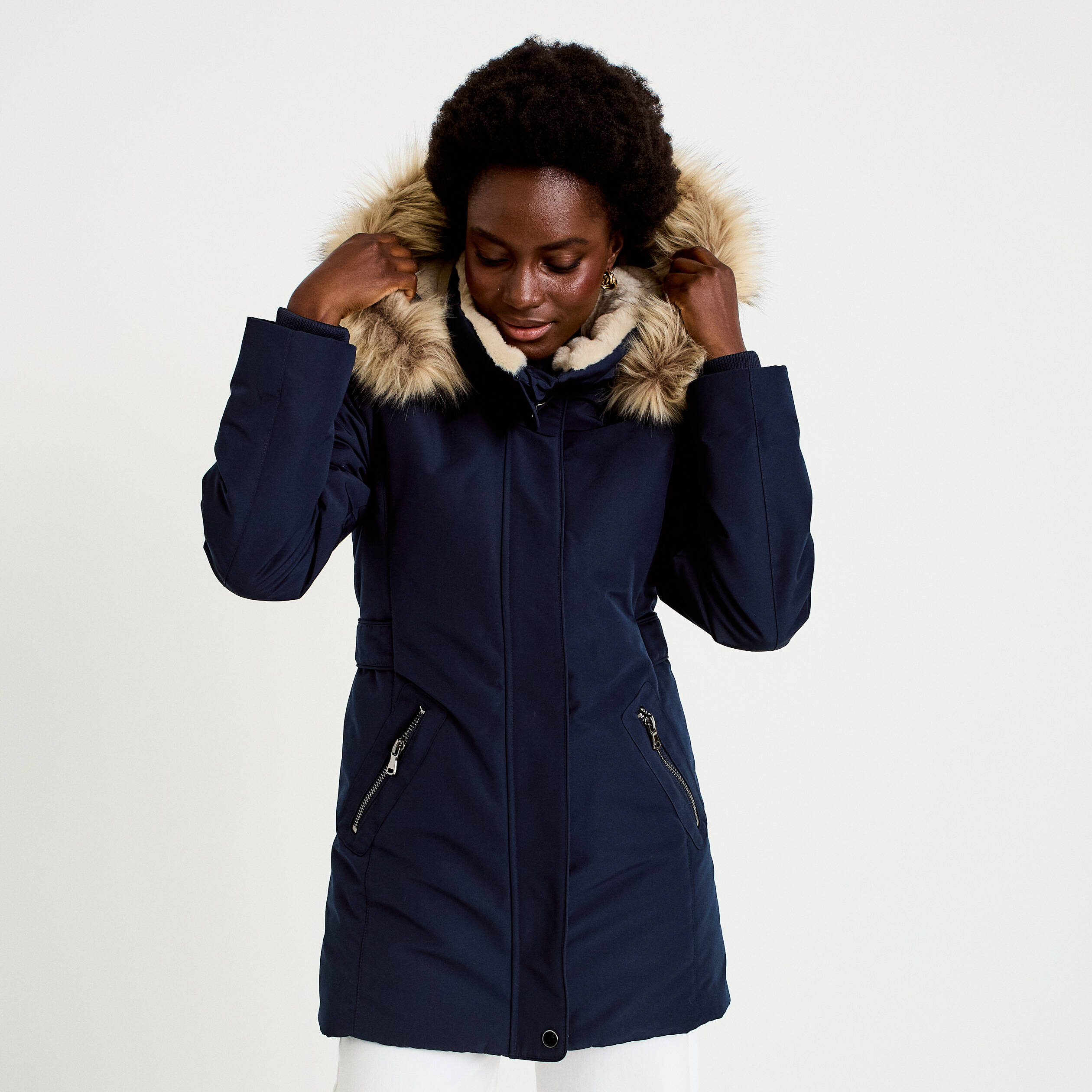 Parka &agrave; capuche fausse fourrure bleu marine femme