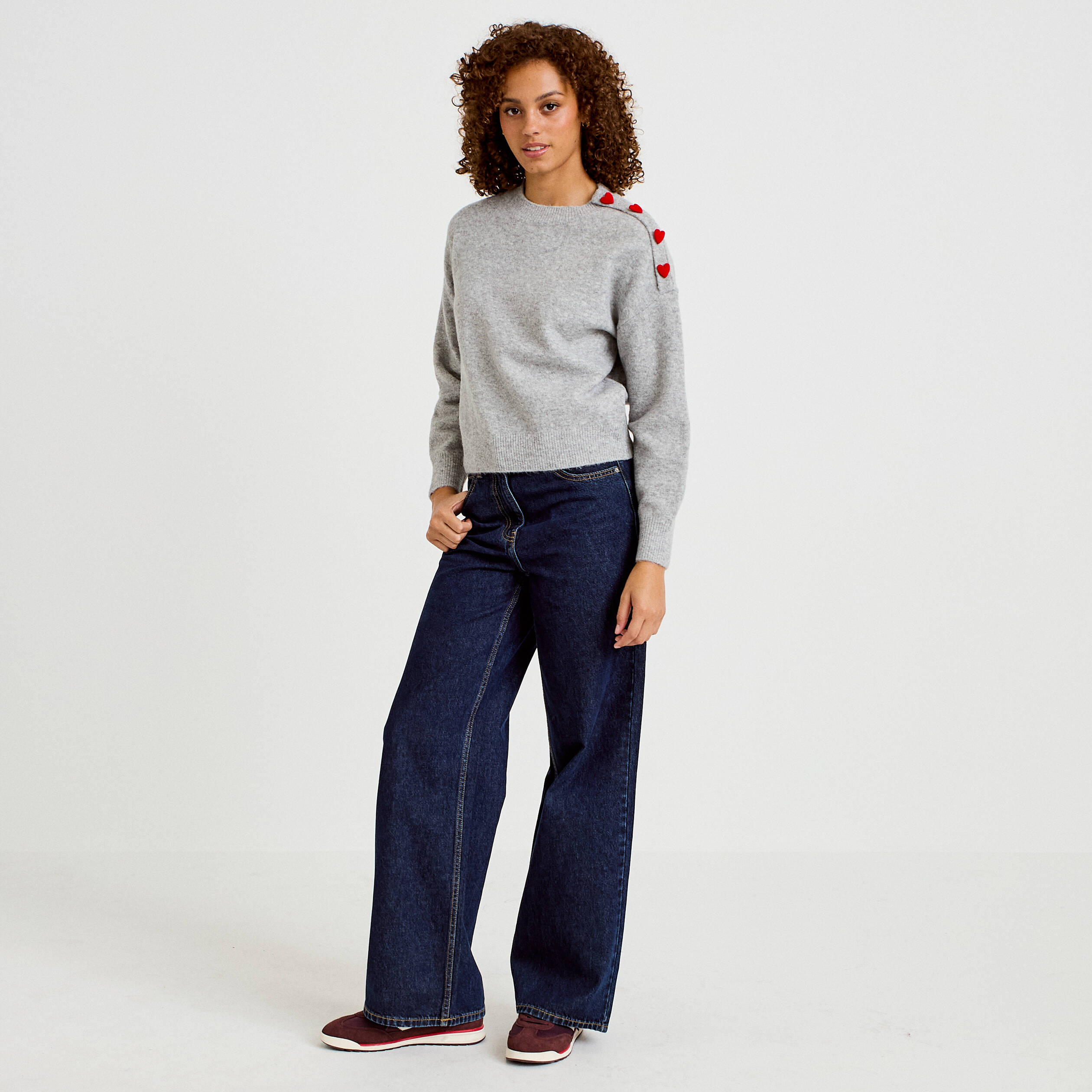 Pull ample col rond manches longues gris clair femme