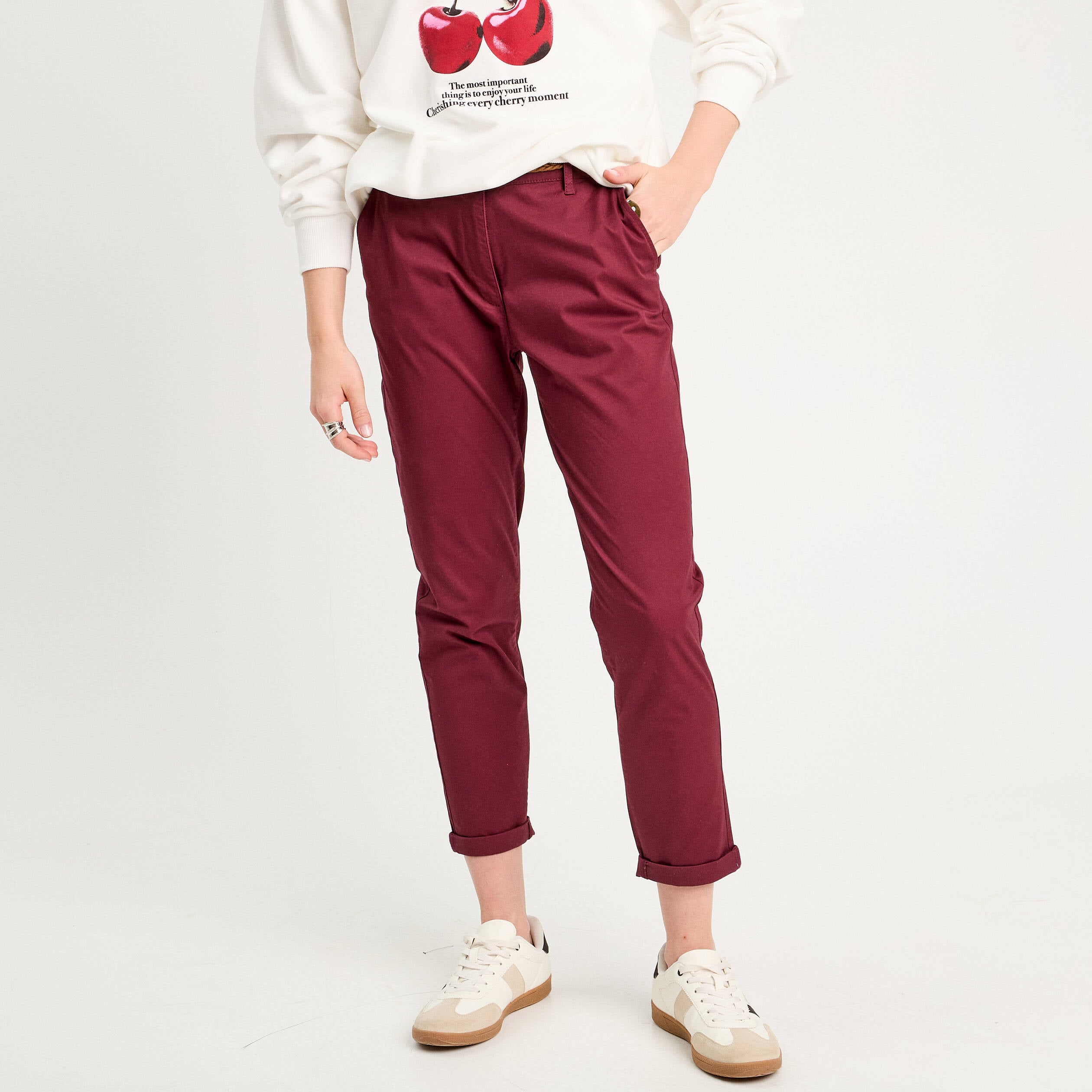 Pantalon chino 7/8&egrave;me bordeaux femme