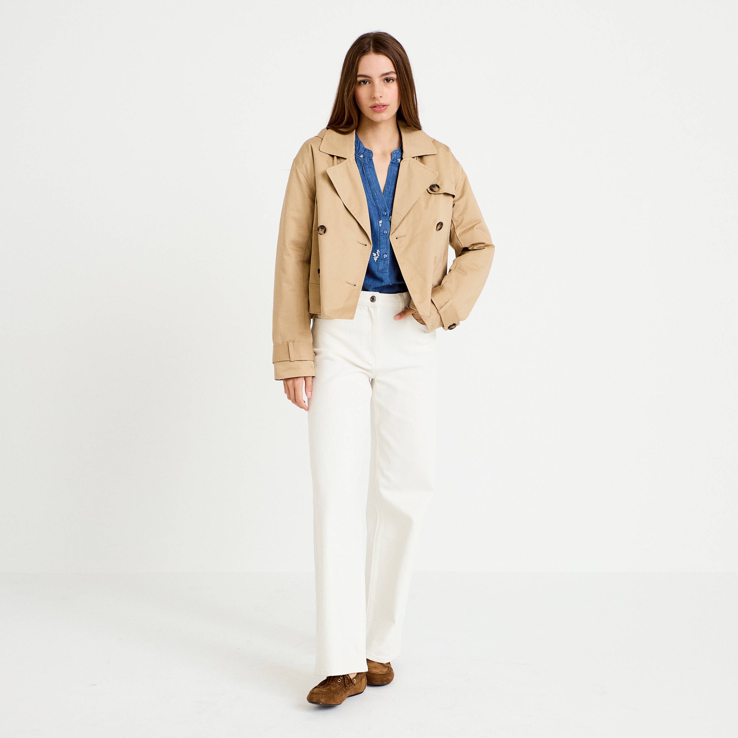 Trench droit court &agrave; capuche amovible beige femme