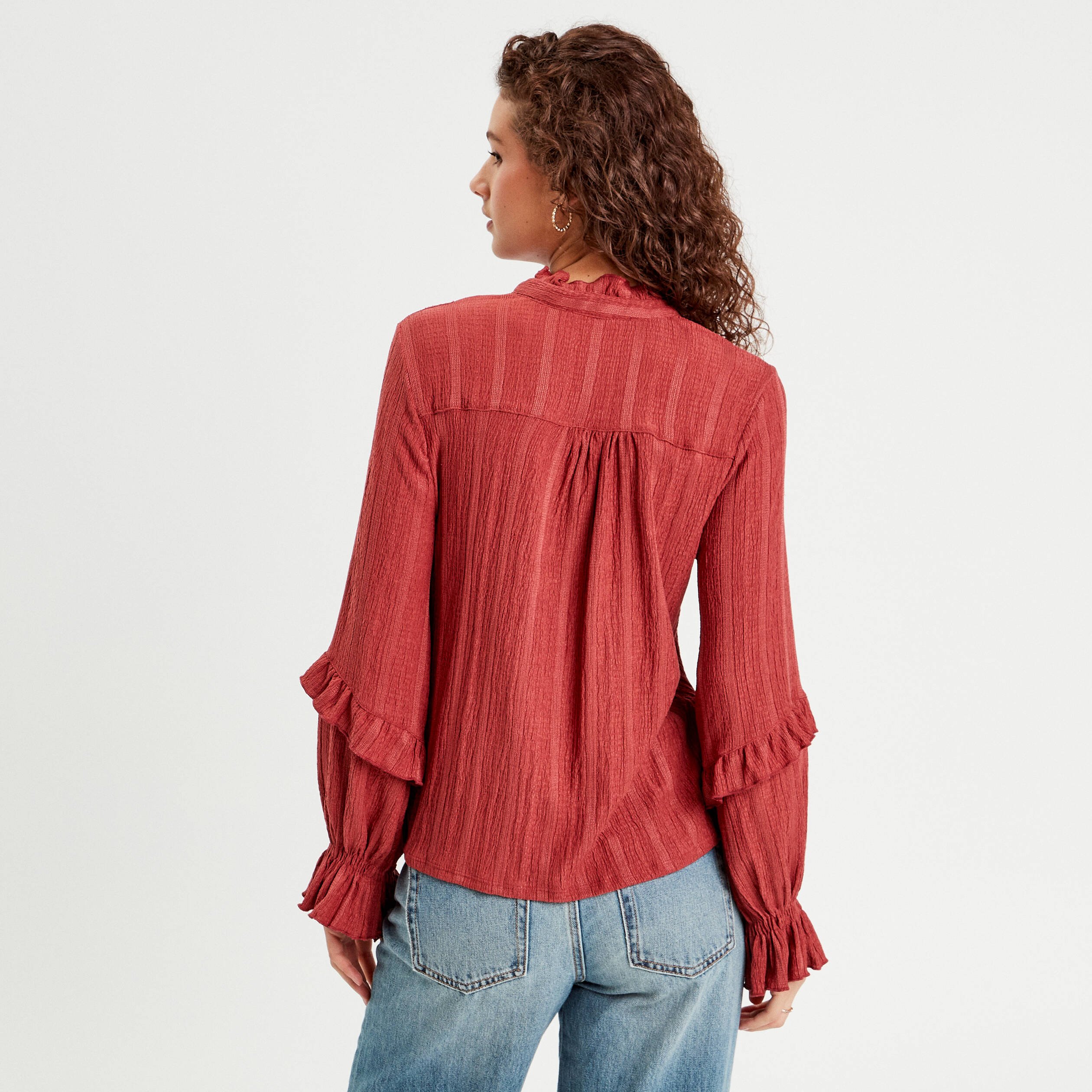 chemise manches longues volants vieux rose femme Chemise manches longues volants vieux rose femme