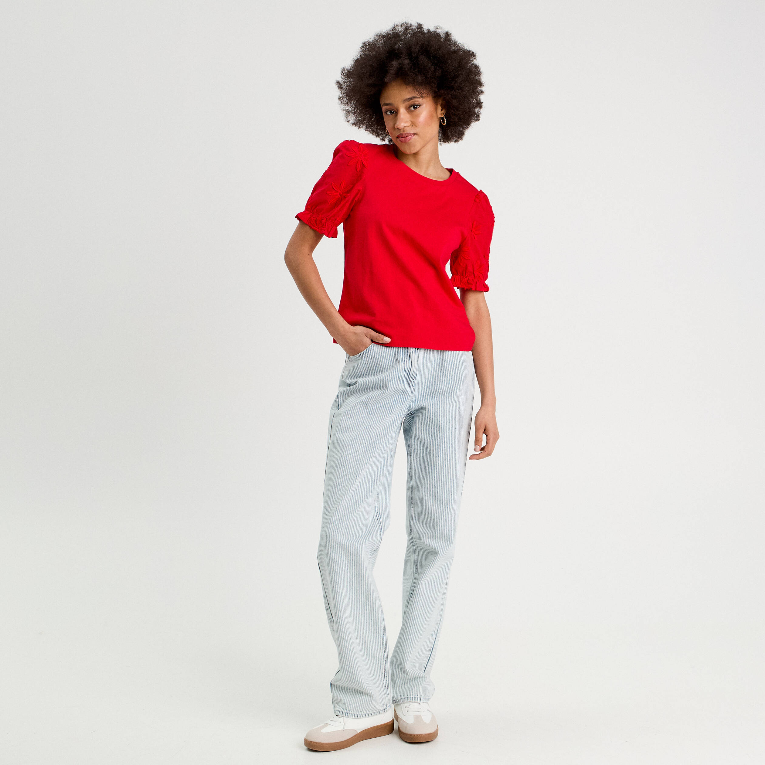 t shirt manches brodees rouge femme T-shirt manches brodées rouge femme