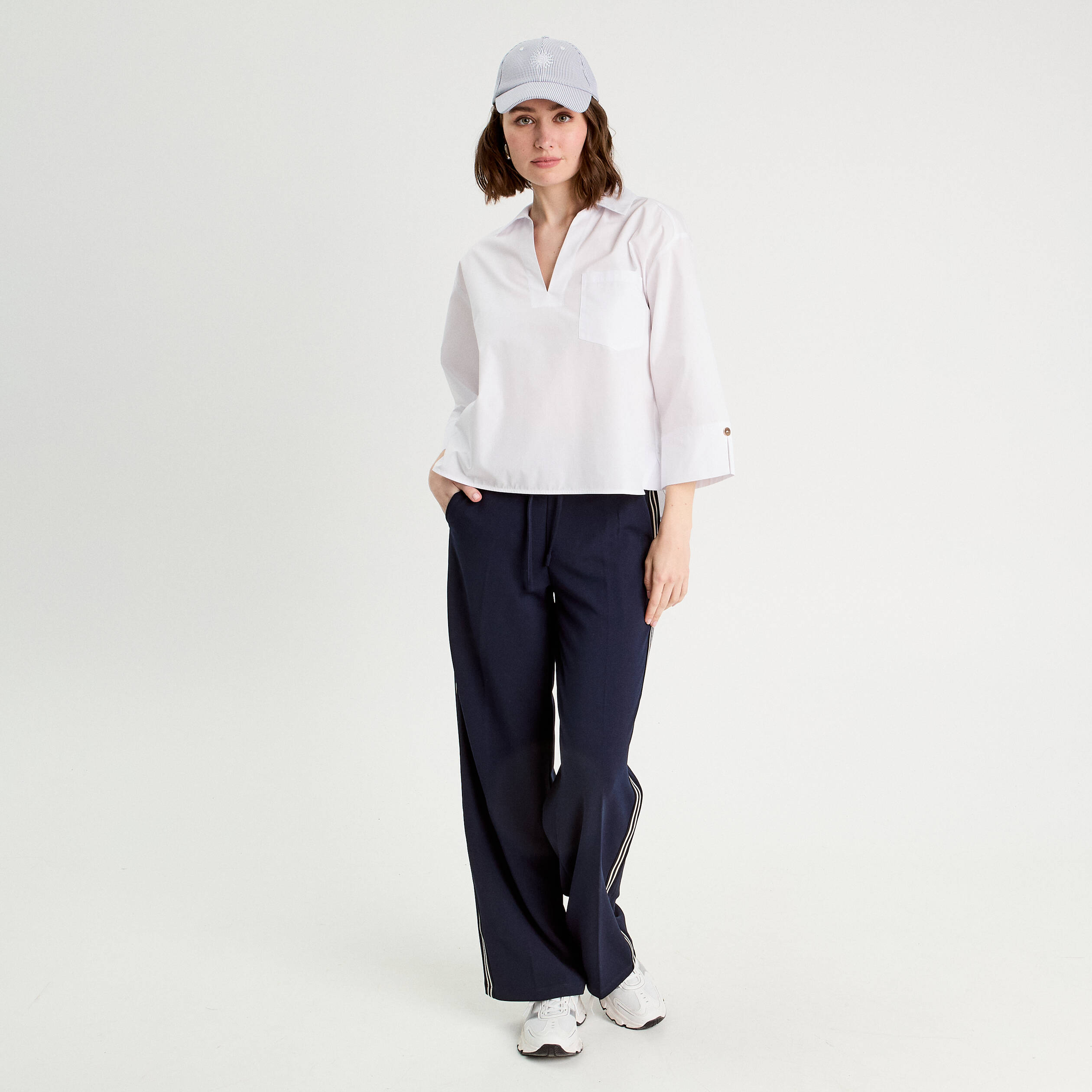 pantalon large avec bandes bleu marine femme Pantalon large avec bandes bleu marine femme